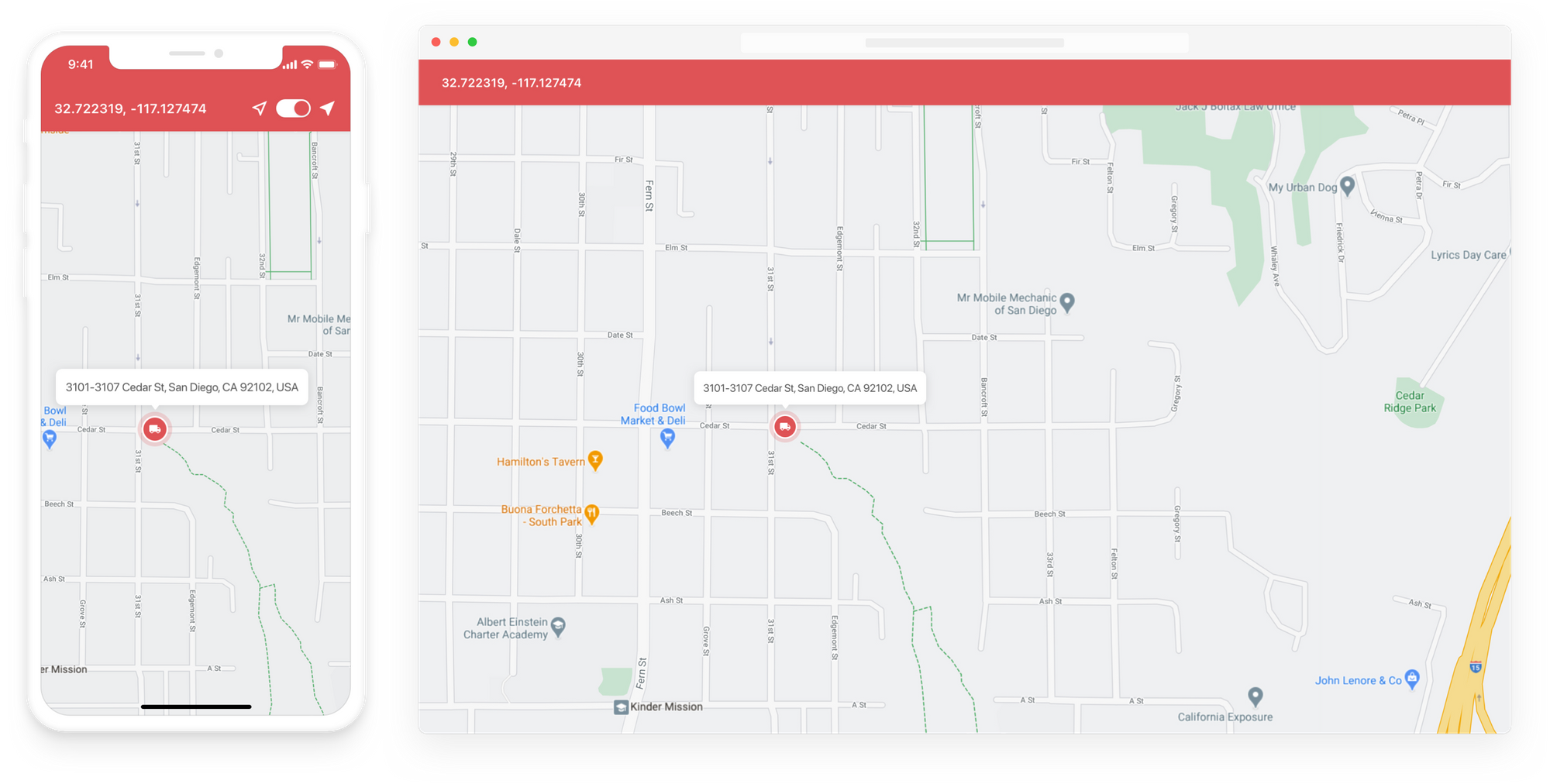 live driver tracking on a mobile app and web interface side by side comparison