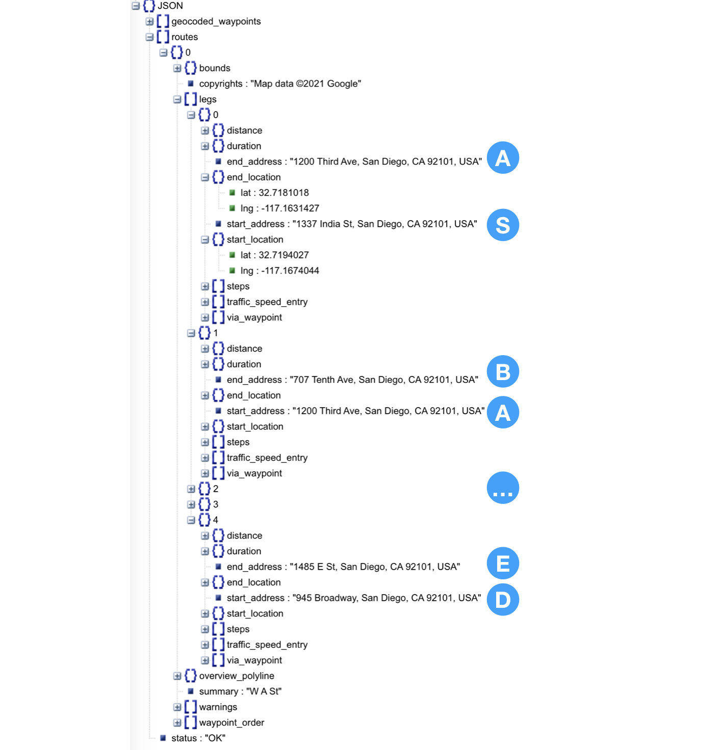 json result from Google Directions API