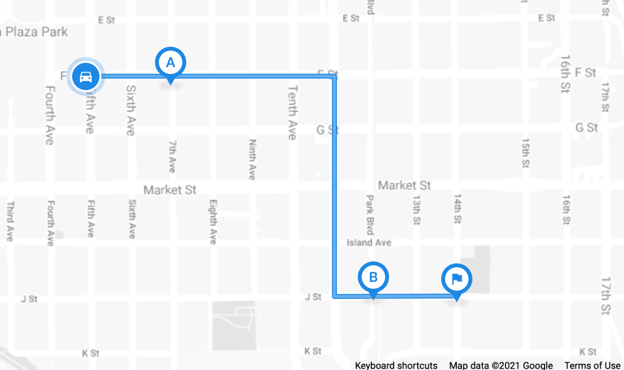 The shortest route between two points A and B based on Google driving directions