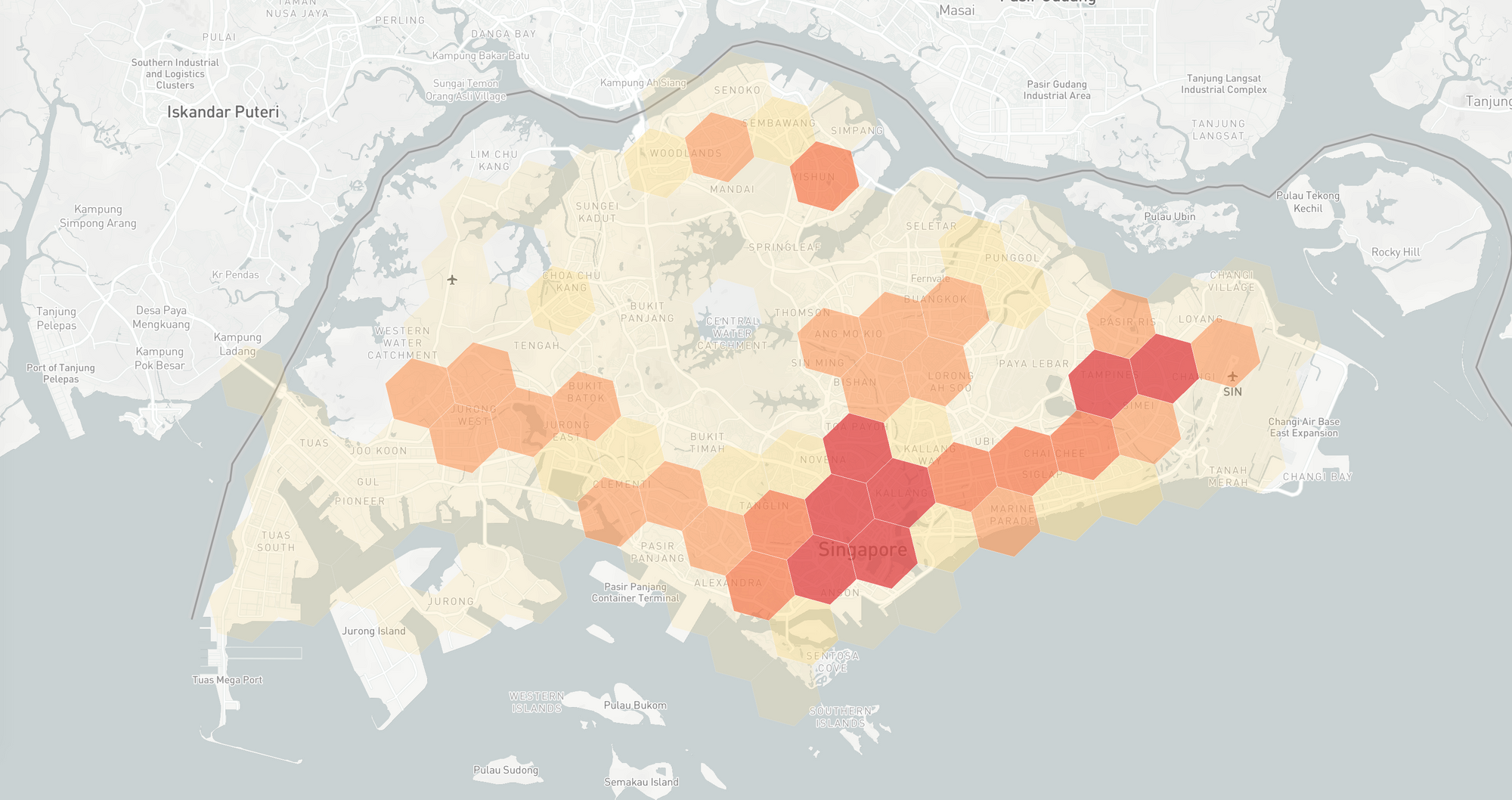 Taxi demand in Singapore visualized using the Uber h3-js library and h3 map