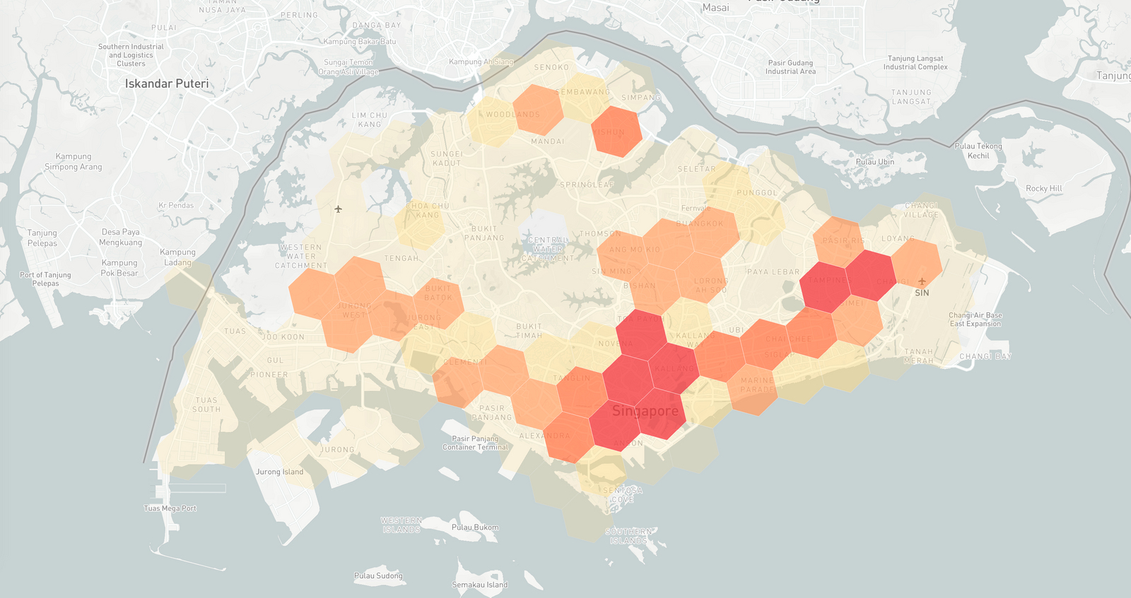 Taxi demand in Singapore visualized using h3 js and react map gl (react mapbox gl)