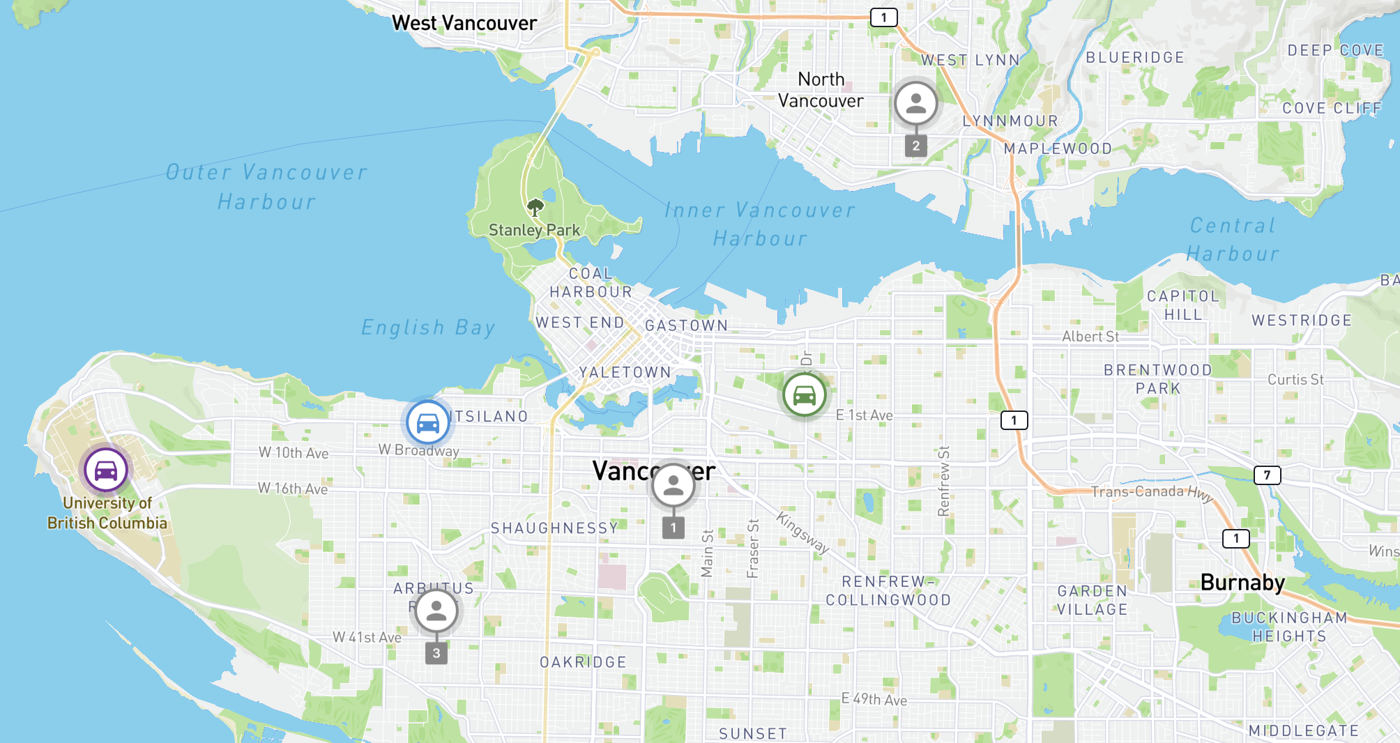 Input data for the routes preferred computeroutematrix API using locations of 3 drivers and 3 customers in Vancouver