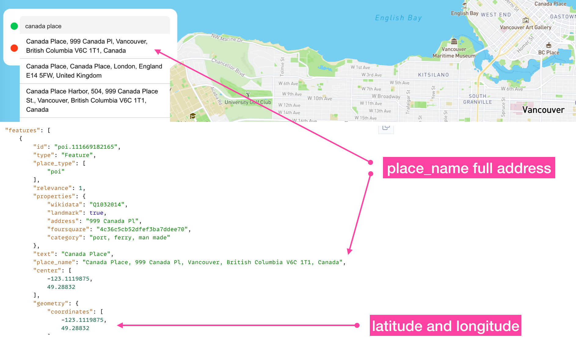 Mapbox Places API address suggestions and geocoding