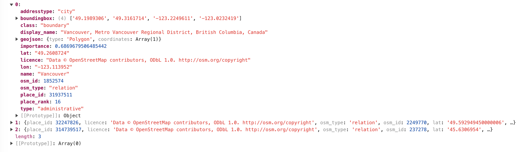 Response from the Nominatim API search endpoint for the text string "vancouver"