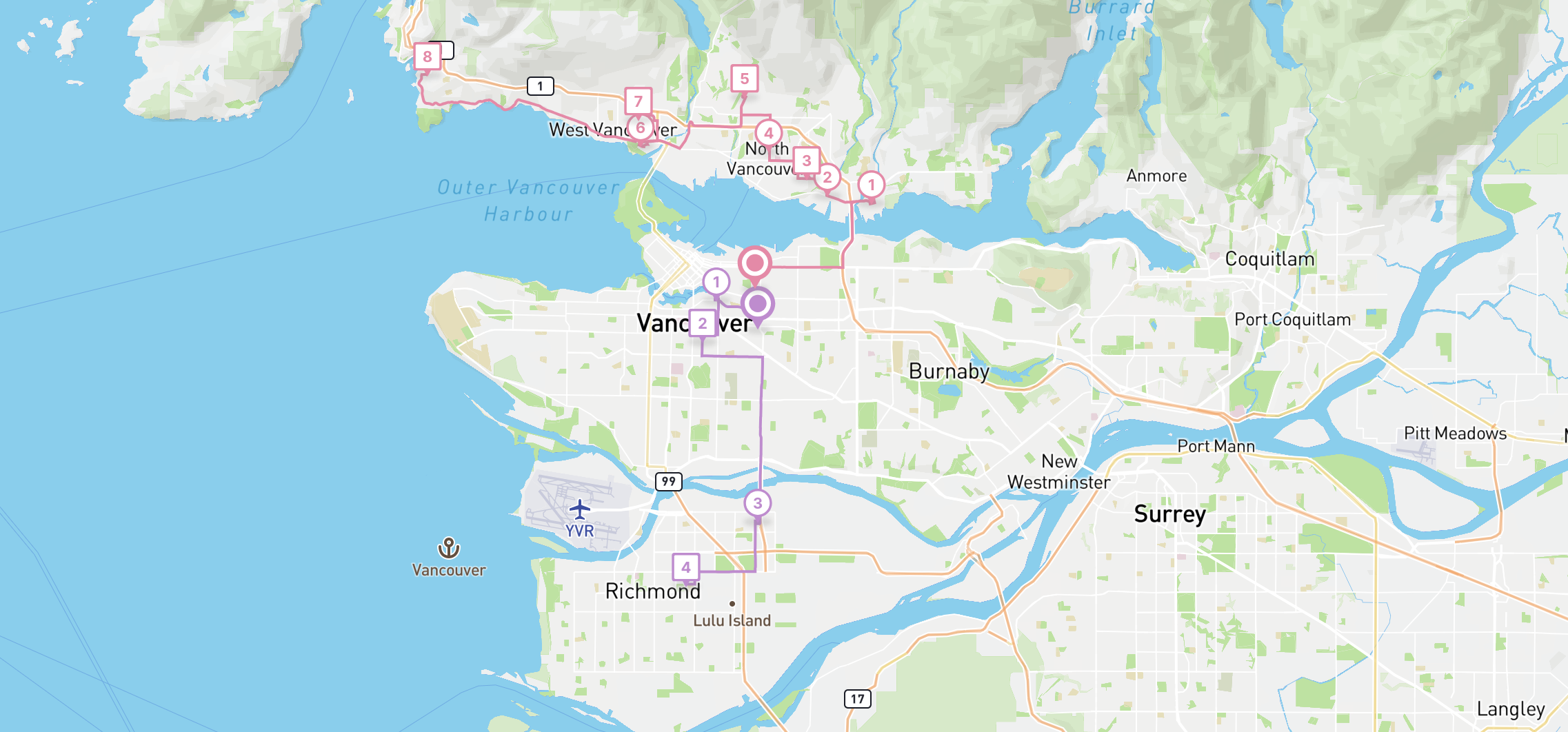 A pickup and dropoff route created using Google Maps route optimization