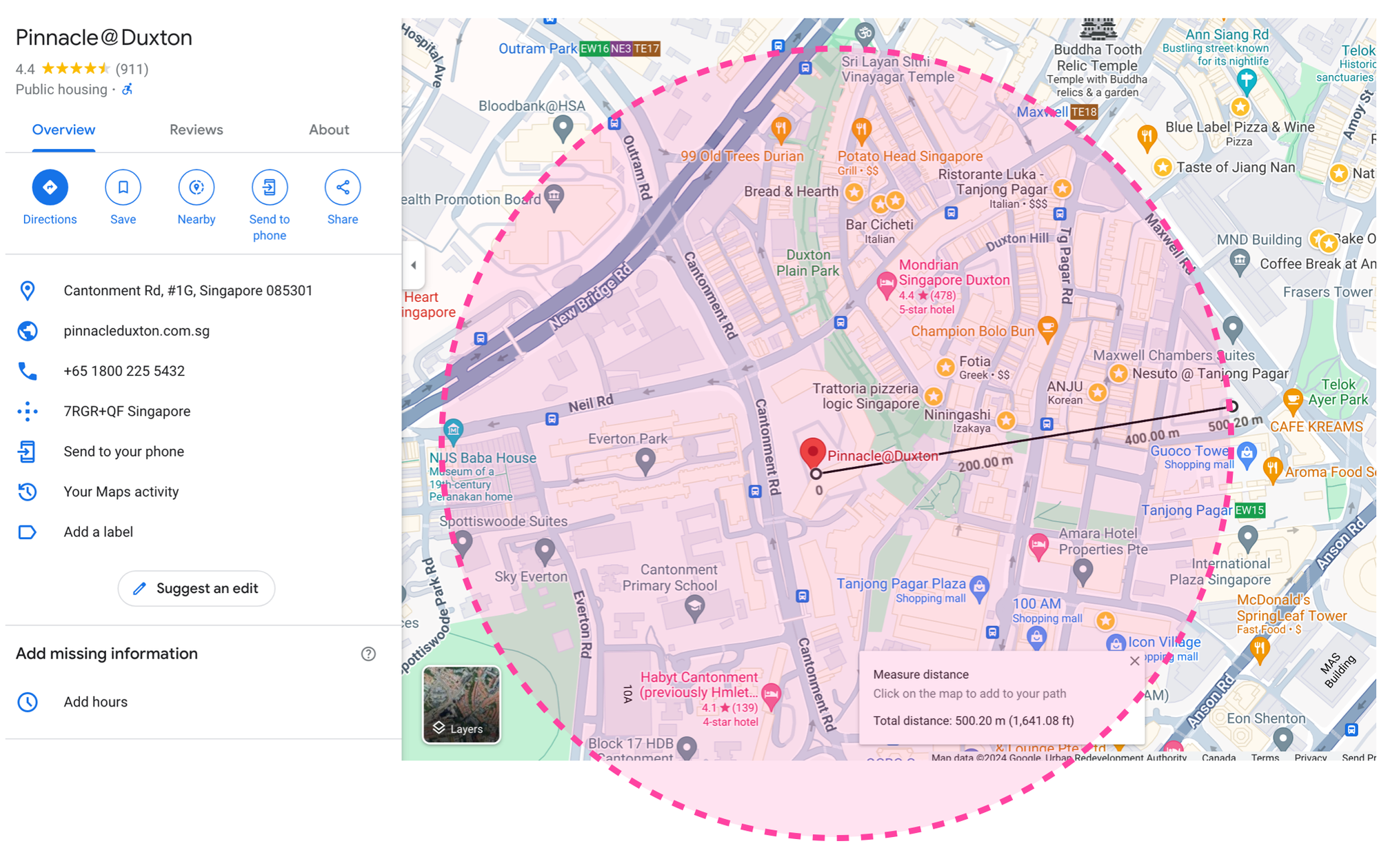 500 meter search radius measured using the Google Maps ruler tool