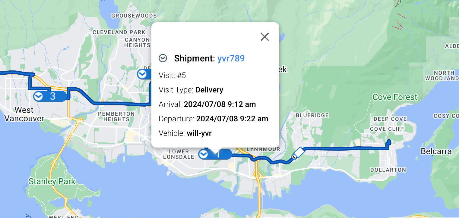 Google free route planner shipment details popup