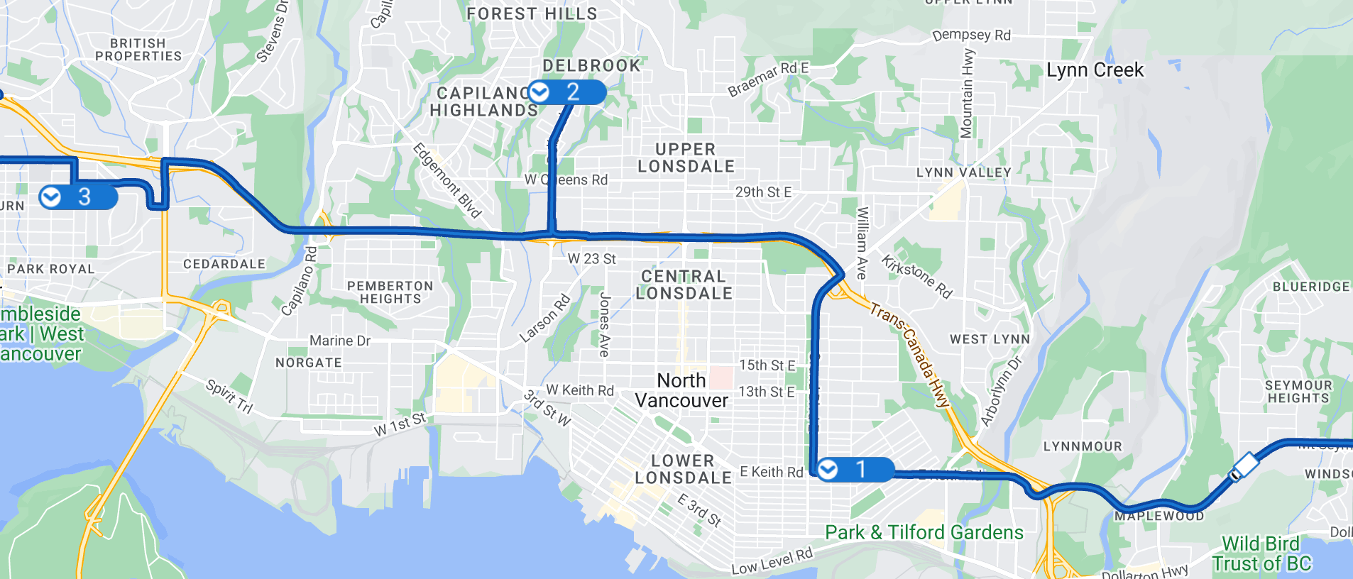 Sequence of stops shown on Google's free route planner