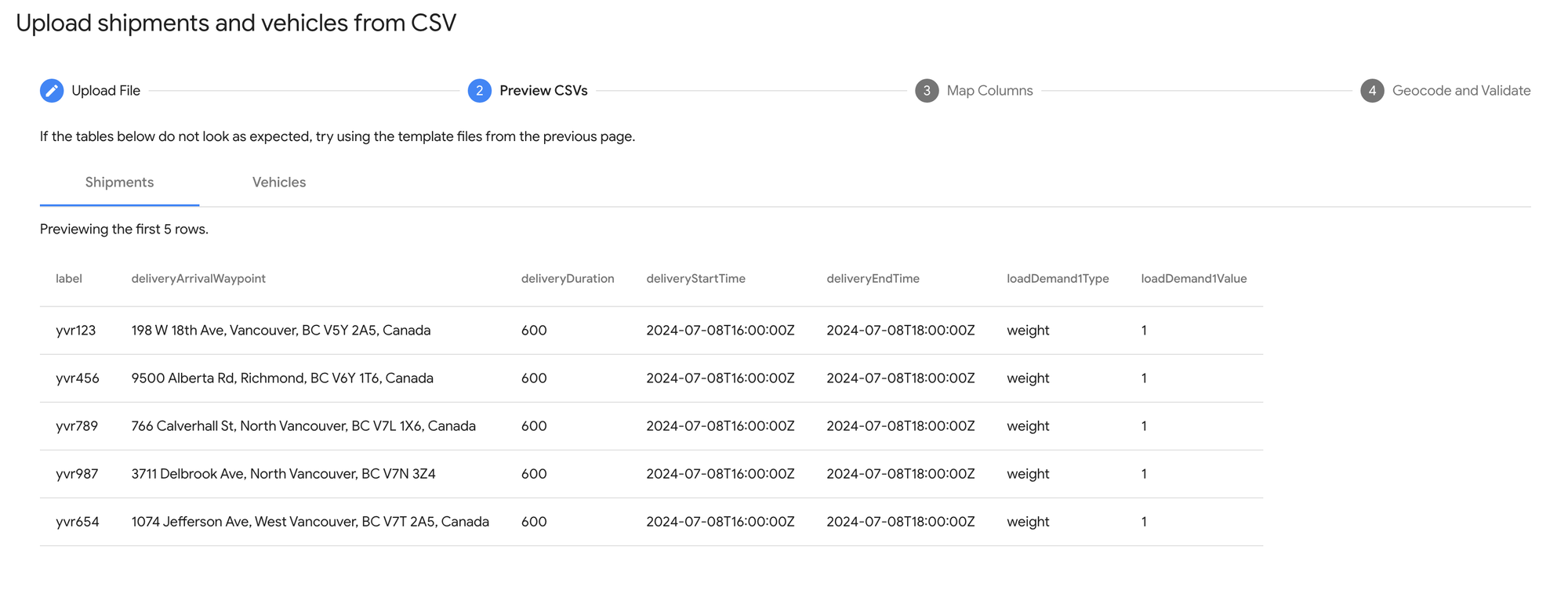 Reviewing data uploaded to the Google free route planner