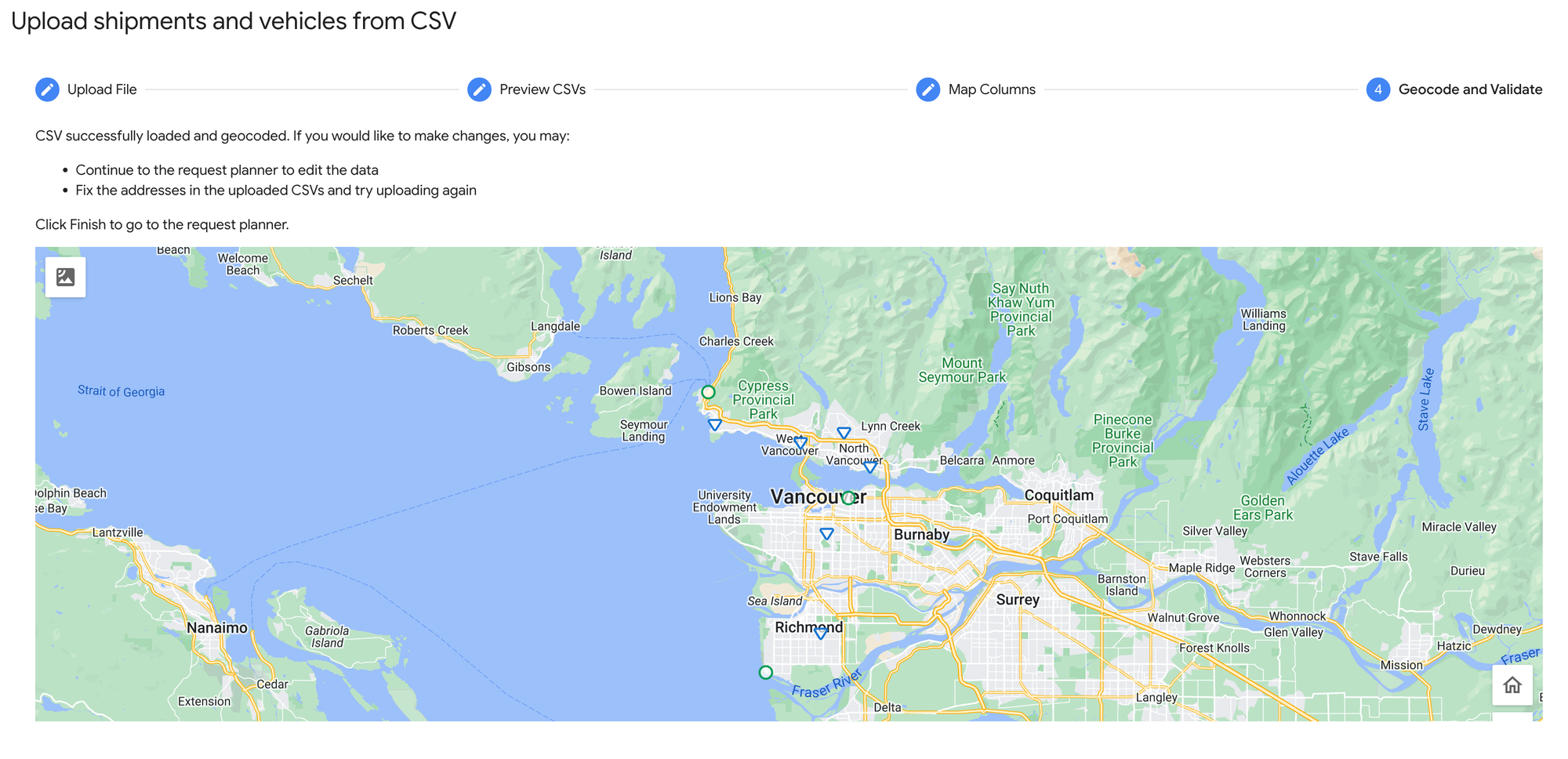 Vehicles and shipment addresses geocoded and ready for optimization