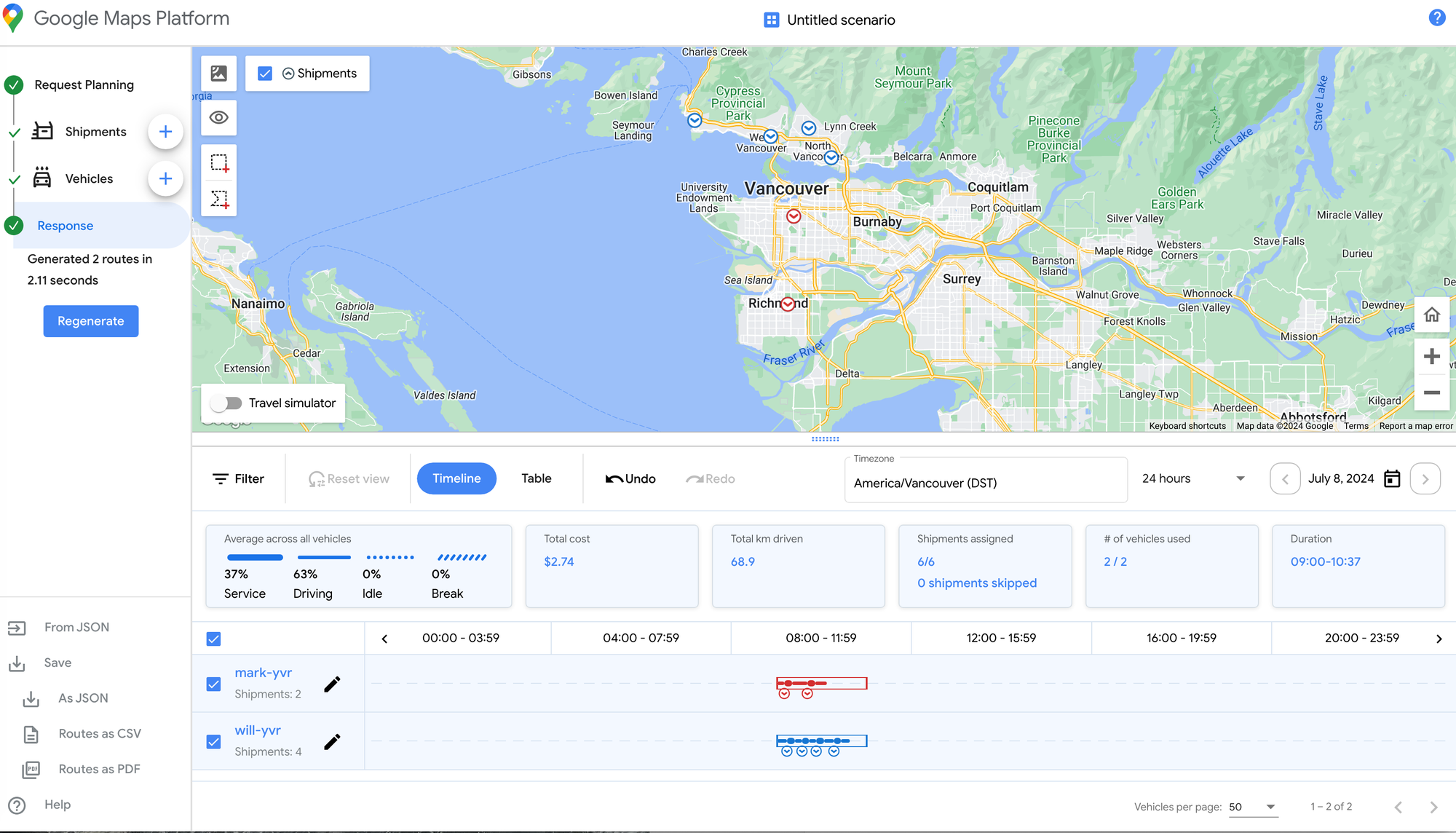 The final optimized route displayed on Google's free route planner