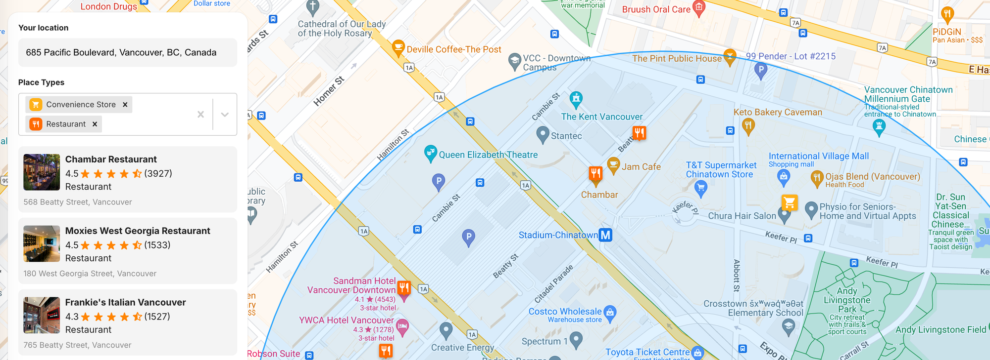 A search radius of 500 meters applied to our Google Nearby Places API call