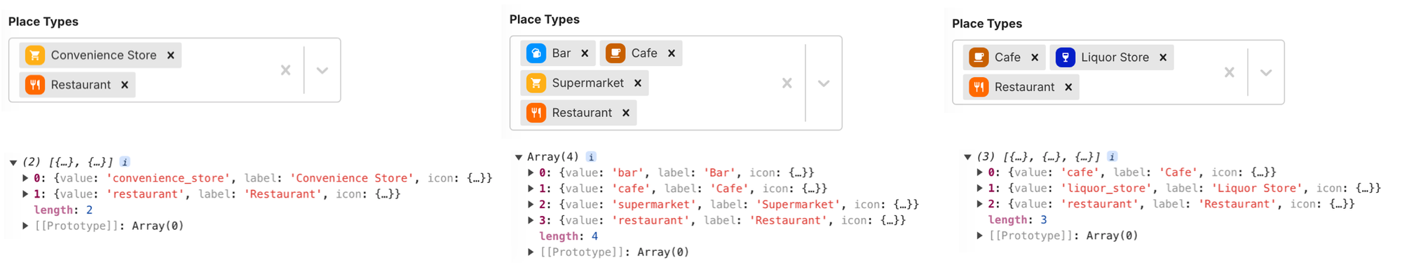 Using the react-select library to display place types