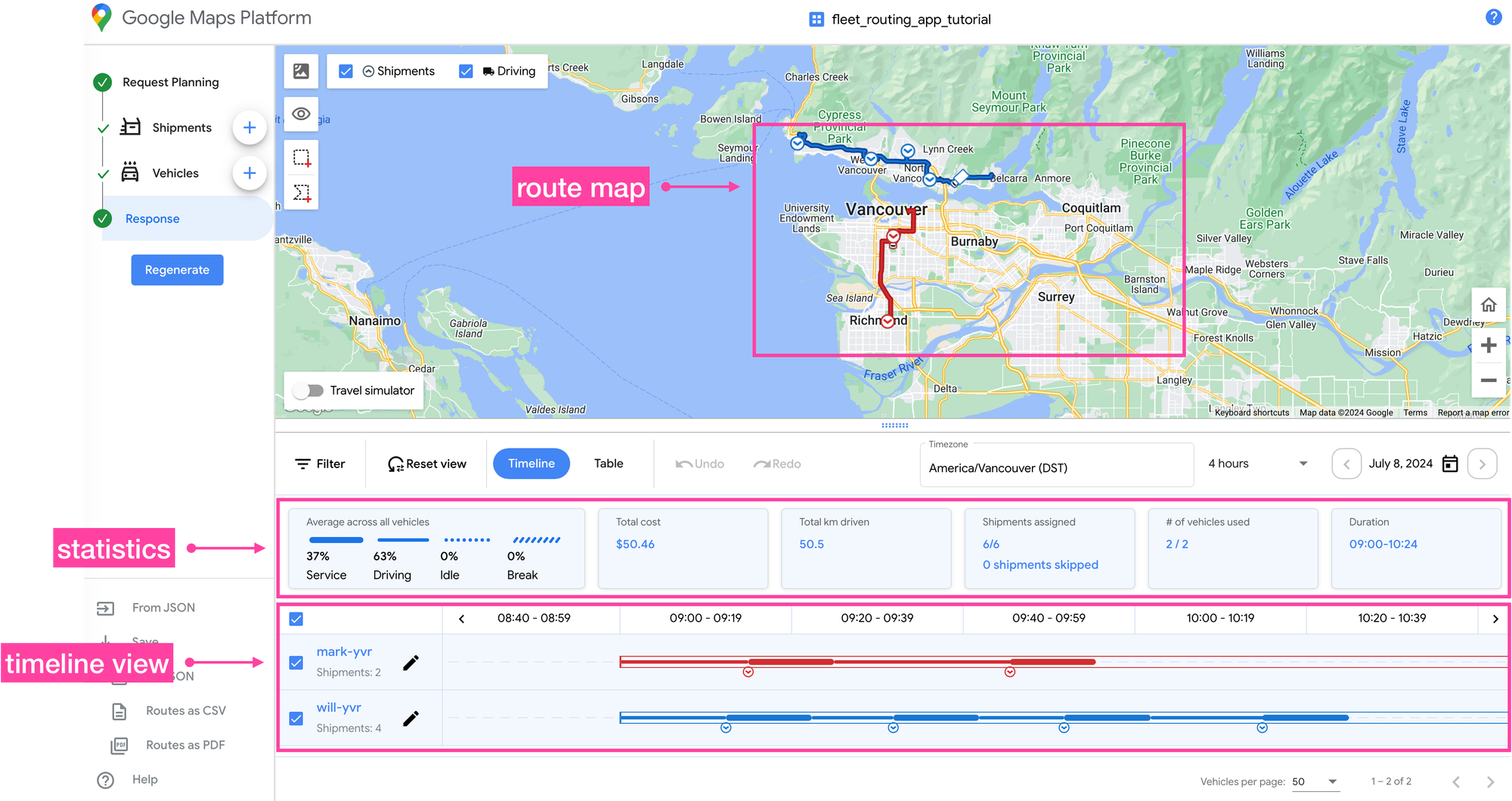 Optimized routes shown on the Fleet Routing App, Google's free route planner