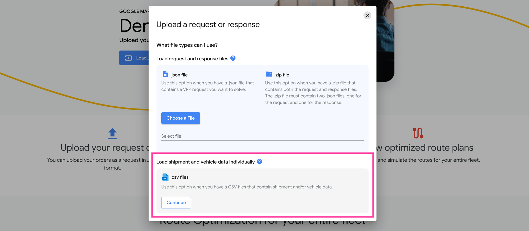 Loading shipment and vehicles data to the Google free route planner