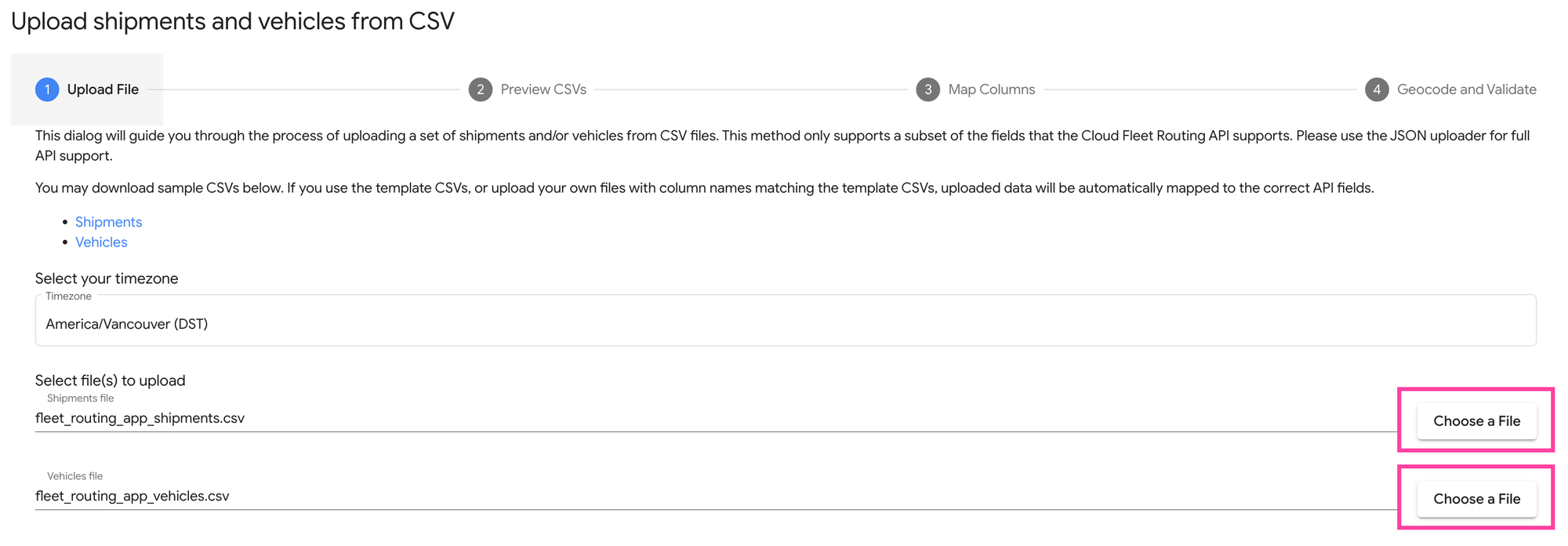 Spreadsheet selection page on the Fleet Routing App