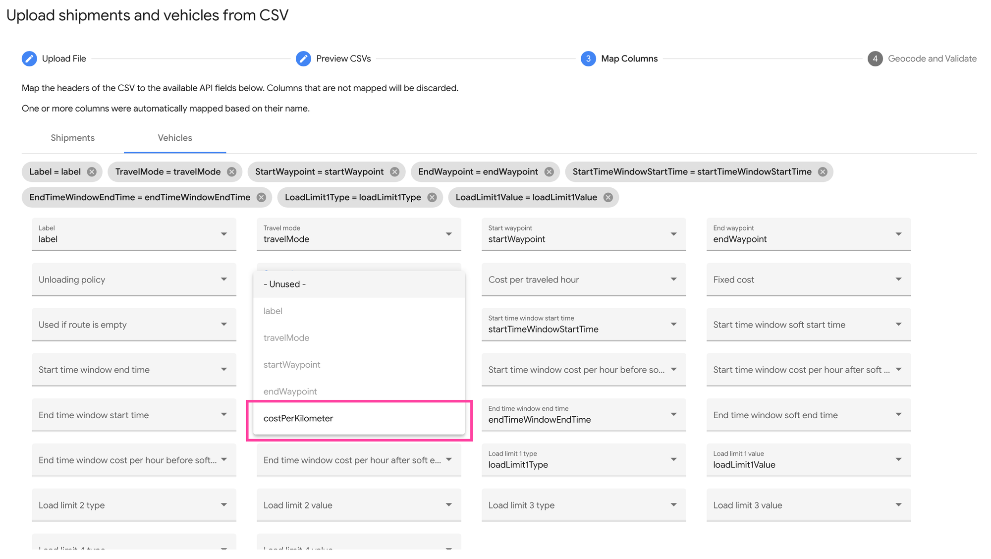 Setting driving costs in the Fleet Routing App