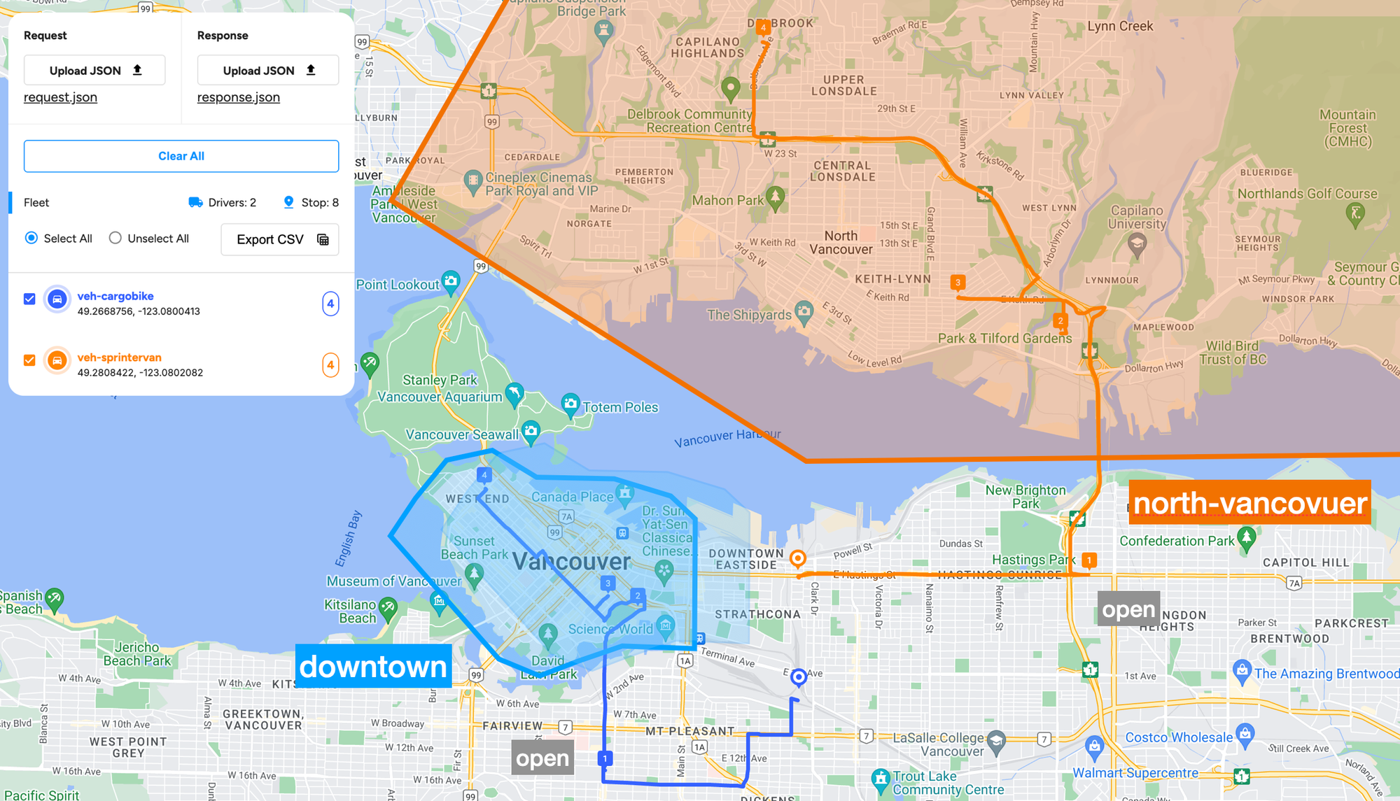 Territory optimization applied to downtown and North Vancouver for two vehicles