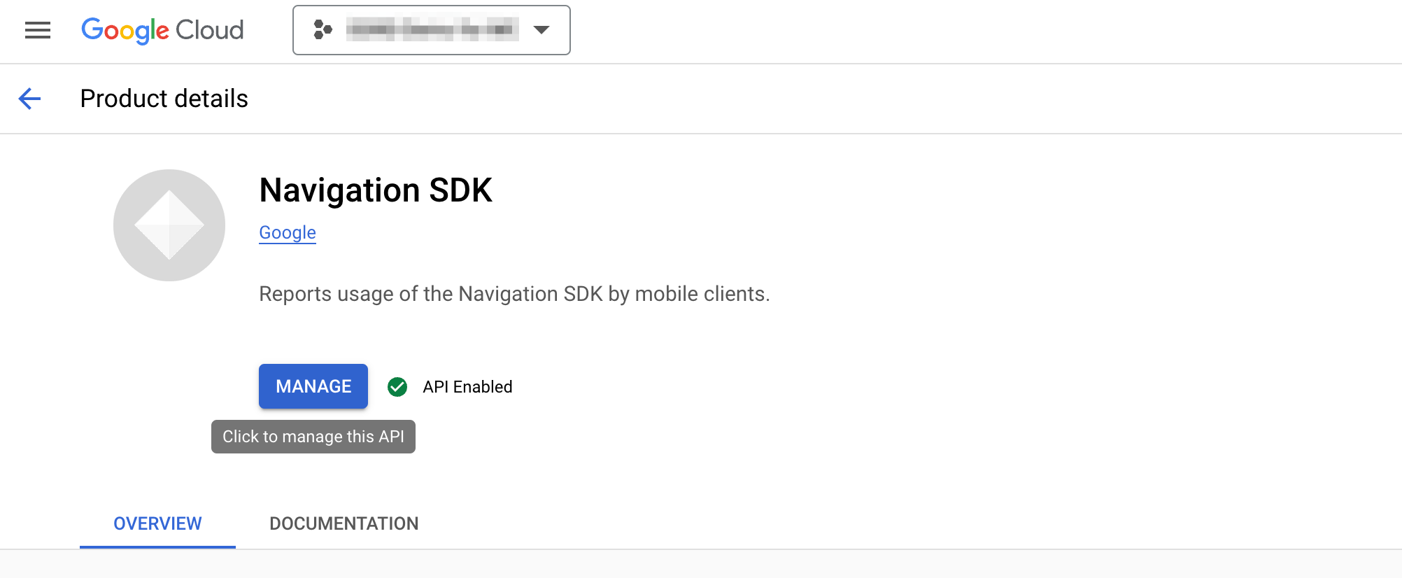 Selecting the Navigation SDK API in Google Cloud Console