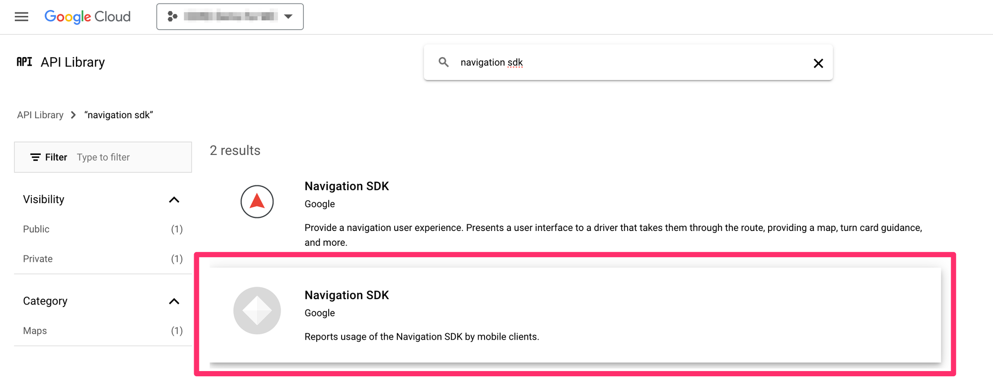 The Navigation SDK API selection in Google Cloud Console