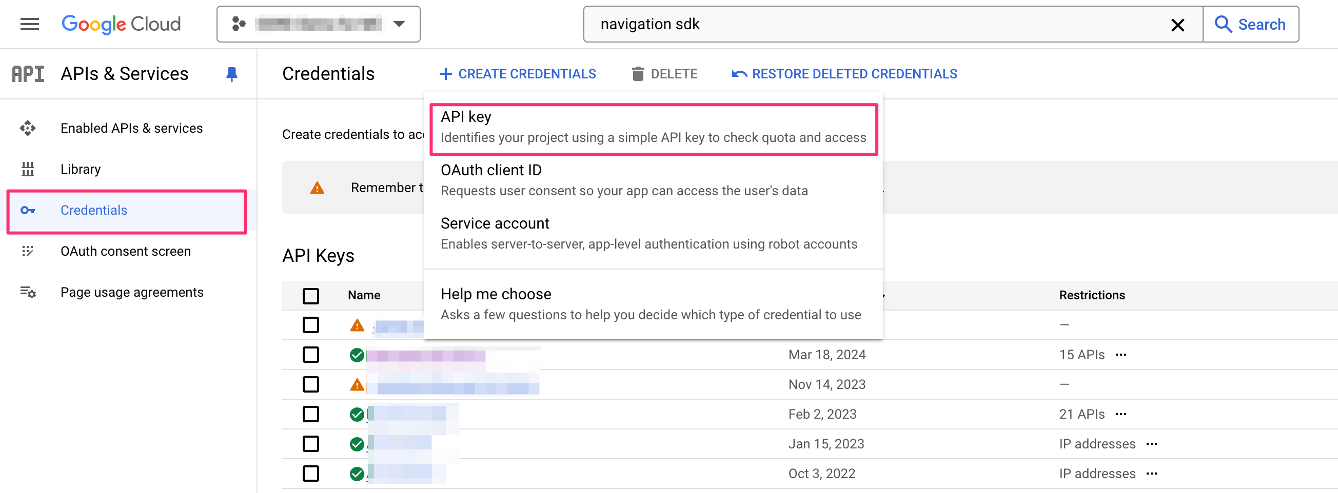 Creating a new API key for the Google Navigation SDK