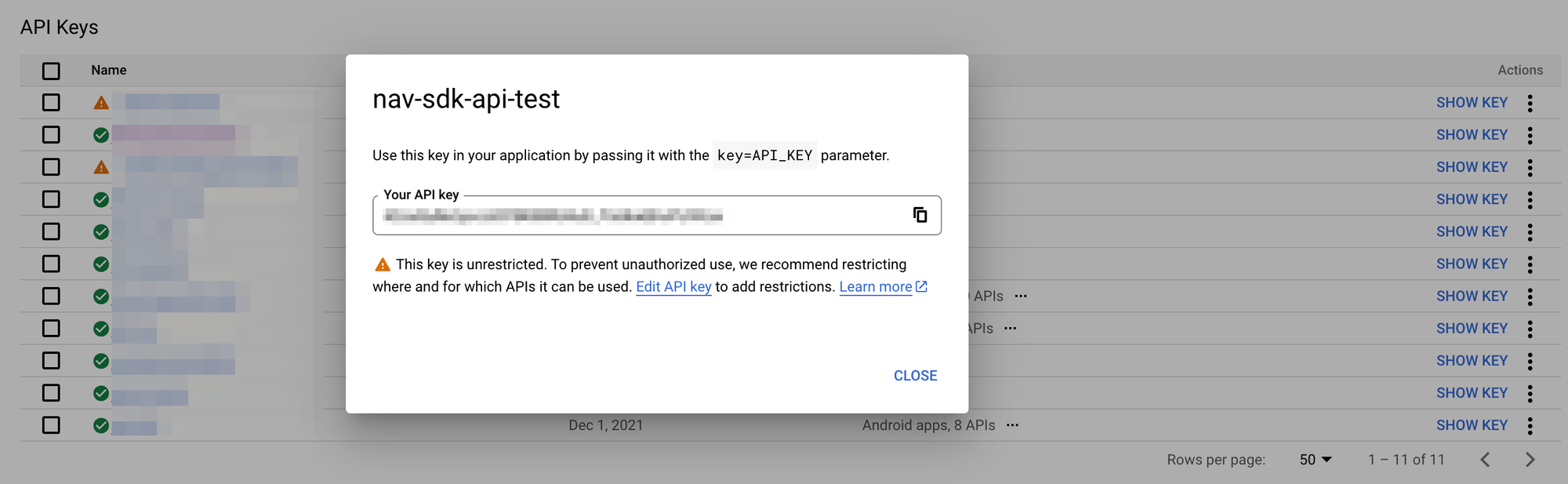 Retrieving the API key for the Google Navigation SDK