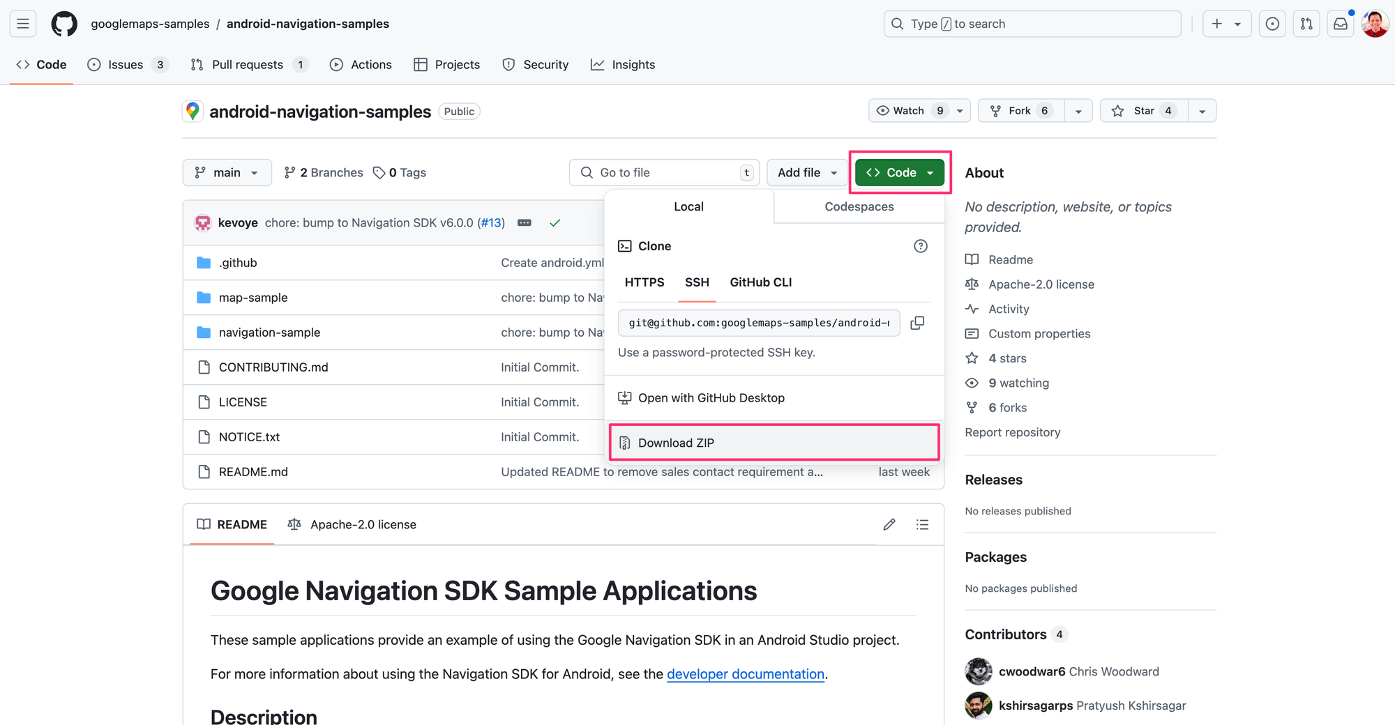 Downloading the android-navigation-samples repo to run the Google Navigation SDK locally