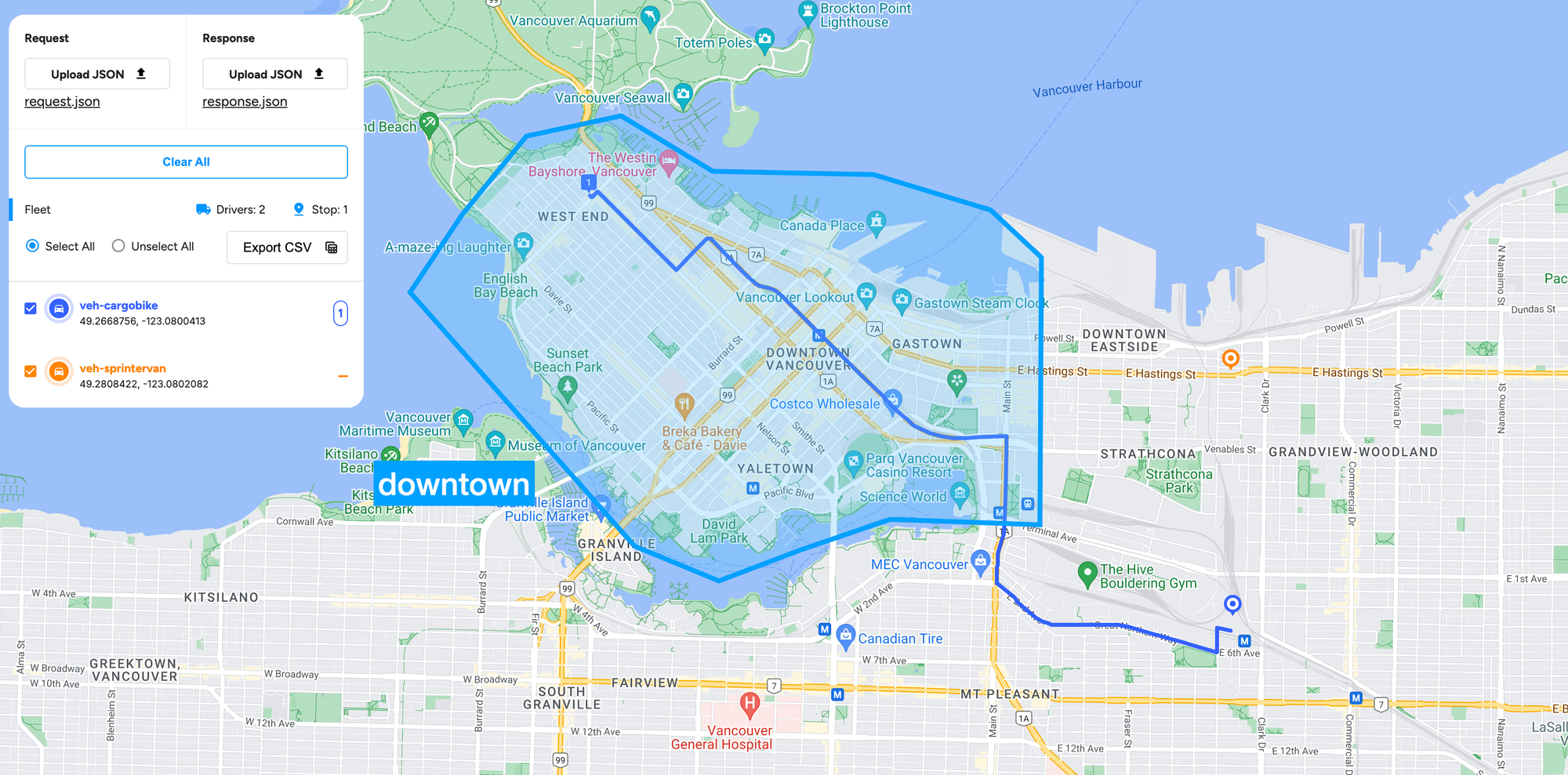 Territory optimization applied to downtown Vancouver for a single vehicle