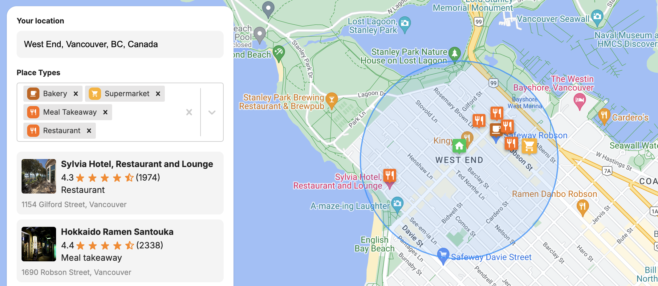 Using nearby search to find restaurants, bakeries and supermarkets near a given location