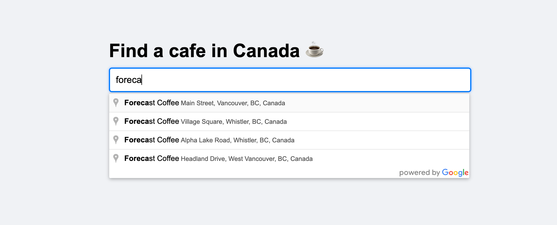 Google address autocomplete provides location based suggestions 