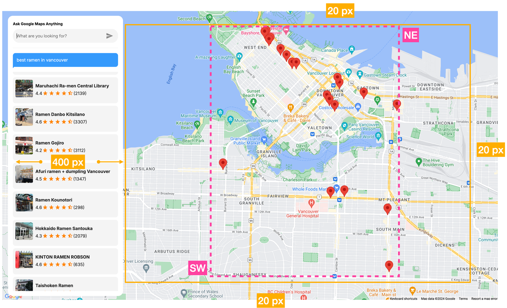 How our Google Places Text Search API query engine uses fitBounds to control the map view