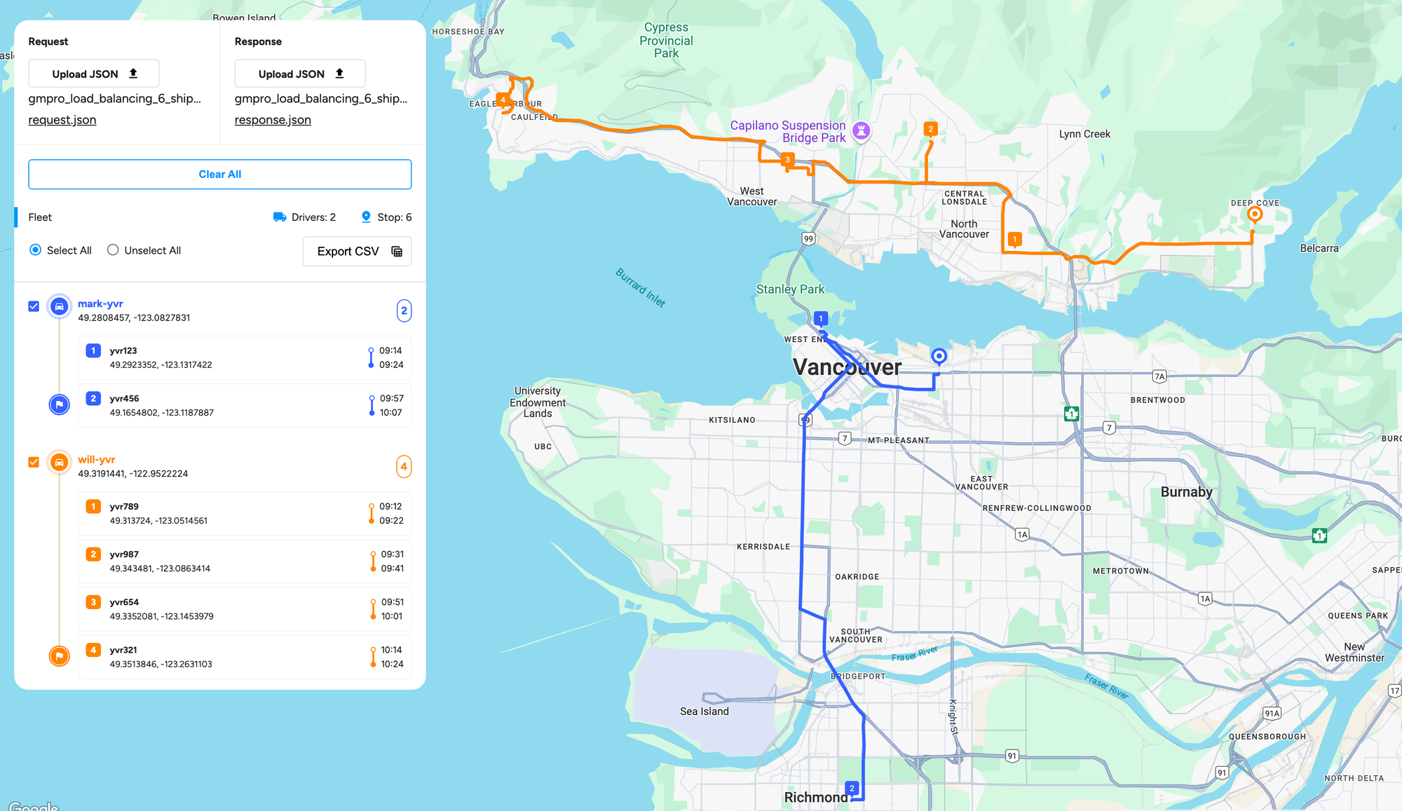 An unbalanced route without capacity constraints