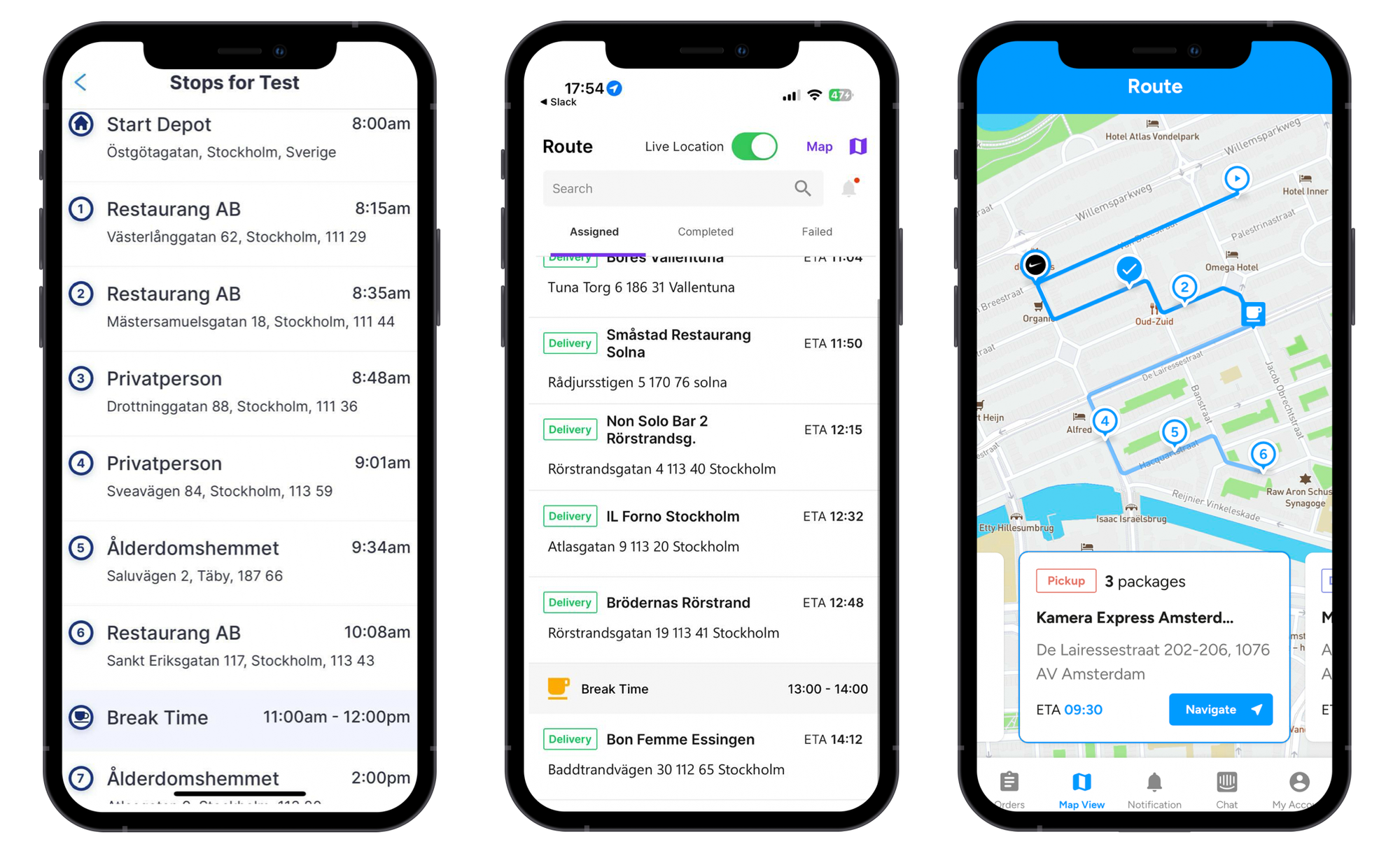 Driver breaks shown on the Routific (left), Parcelizer (middle) and Sparqle (right) driver apps