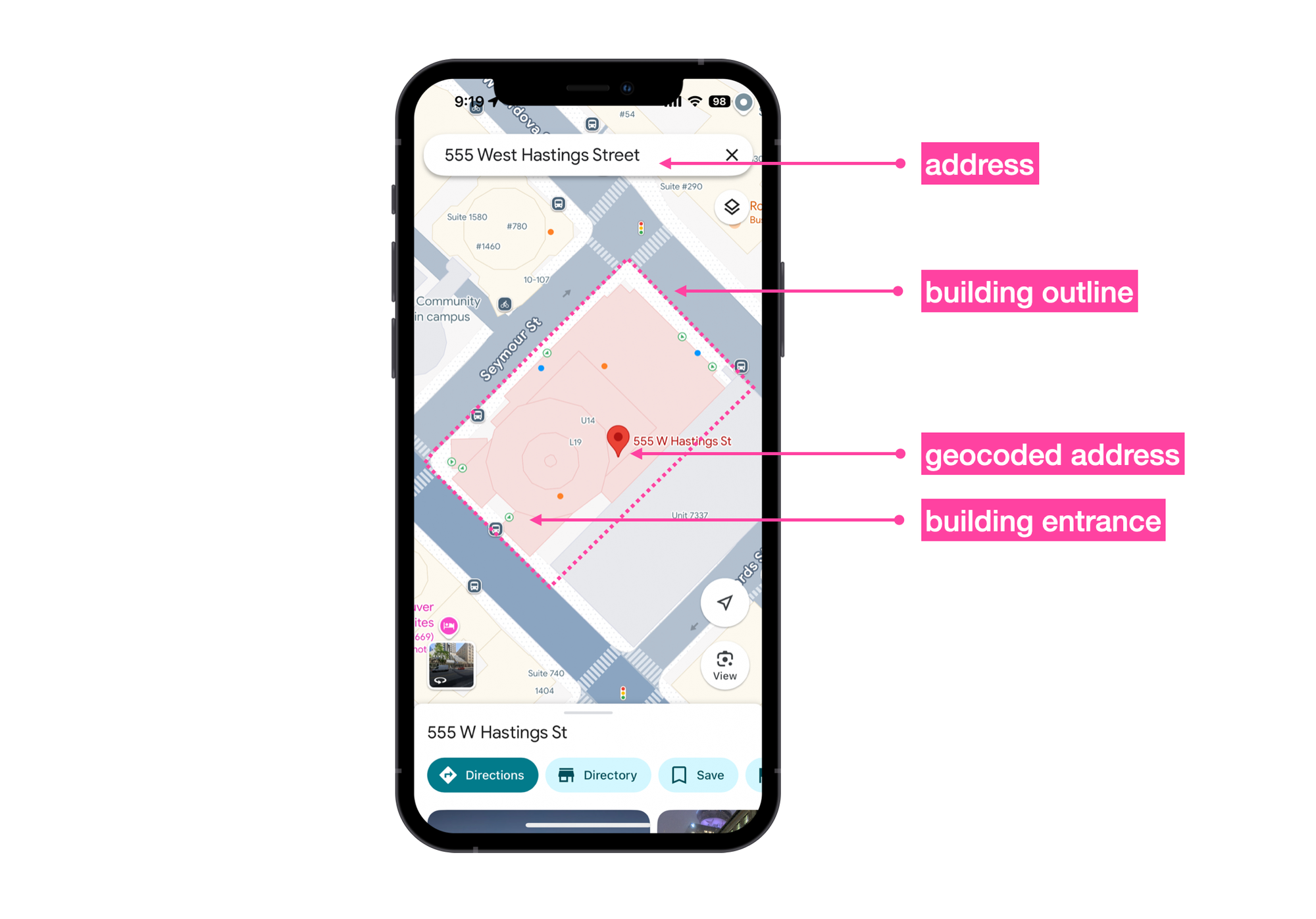 How the Building Outlines and Entrances API is used on the Google Maps app