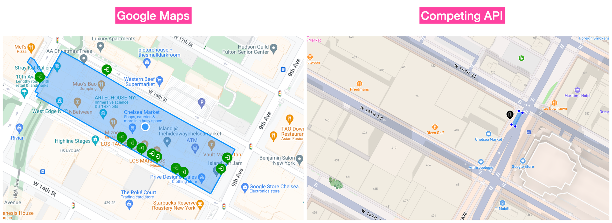 Google Maps (left) vs a competing geocoding service (right)