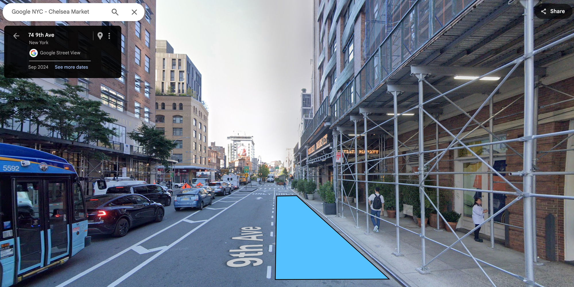 Street View showing a potential delivery van parking spot outside the Google NYC office