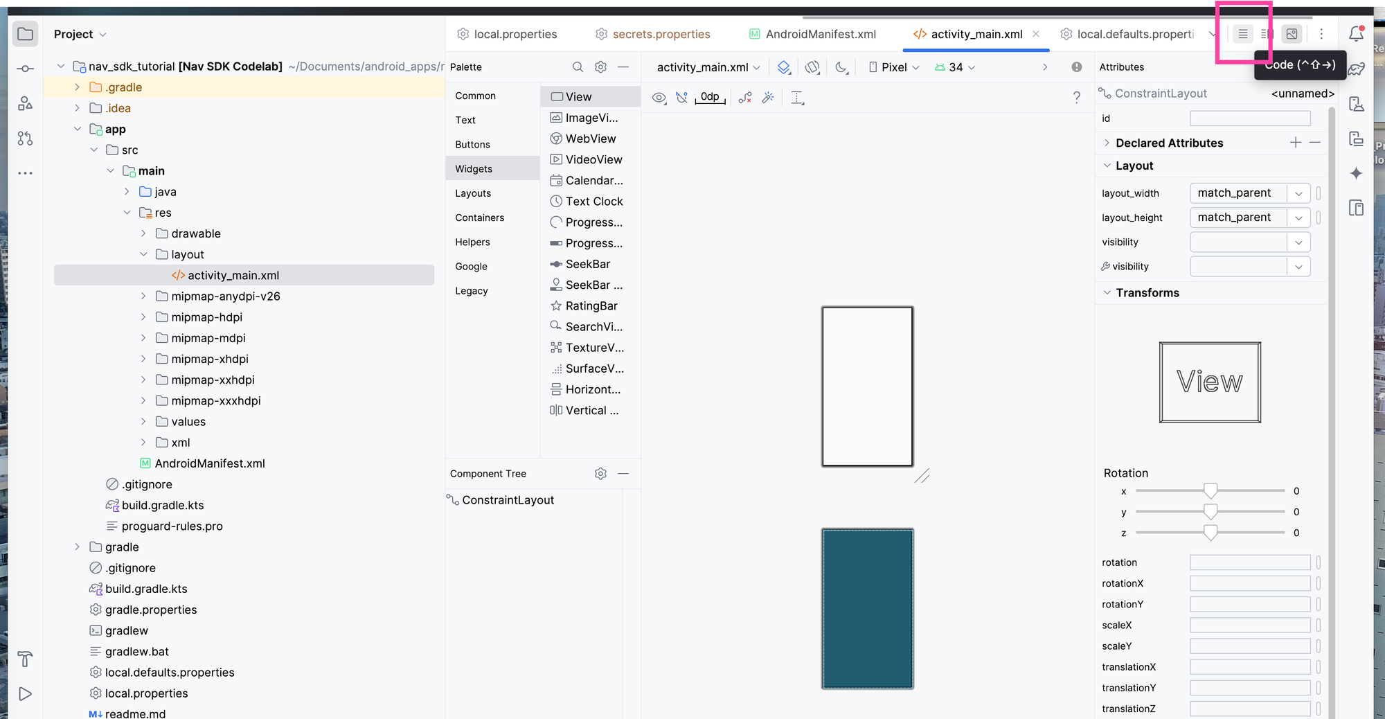 Switching between code and layout view for activity_main.xml