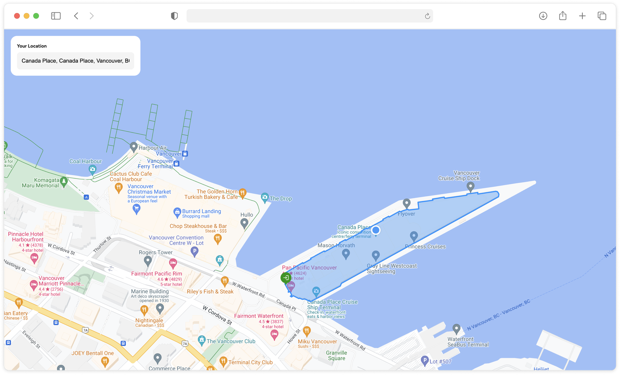 The Building Outlines and Entrances API visualized on a Google map