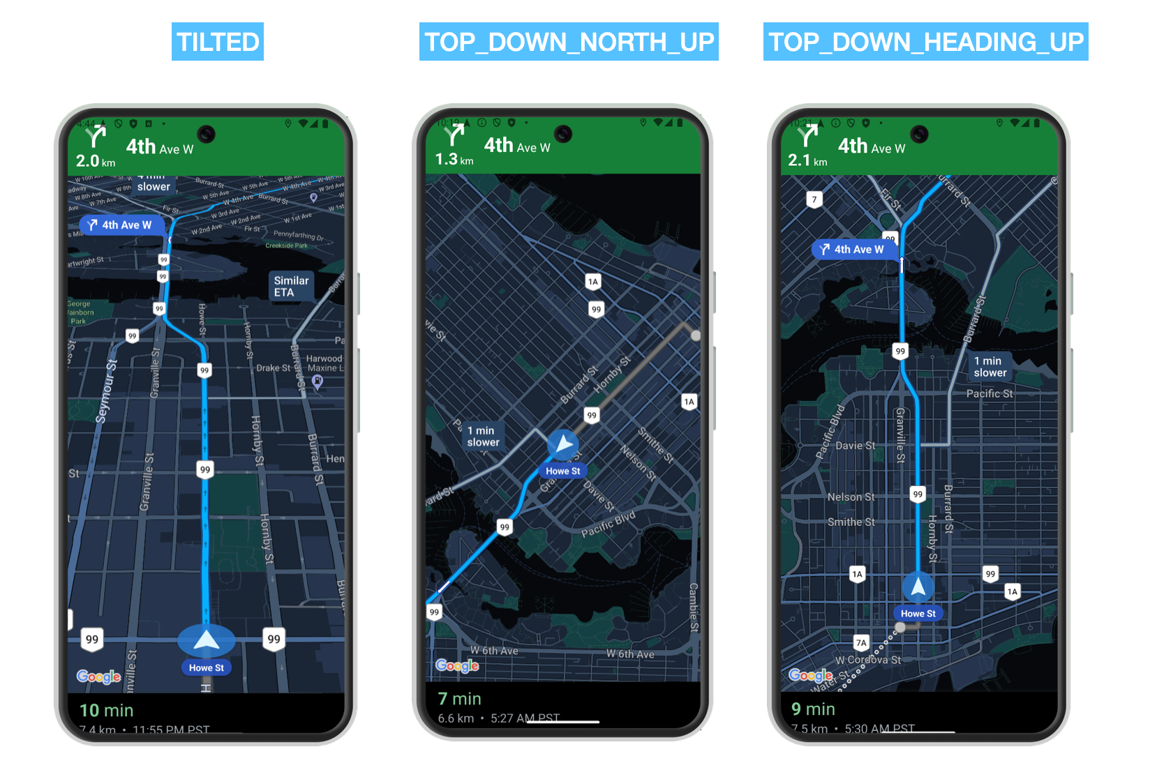 CameraPerspective.TILTED, CameraPerspective.TOP_DOWN_NORTH_UP and CameraPerspective.TOP_DOWN_HEADING_UP on the Google Navigation SDK