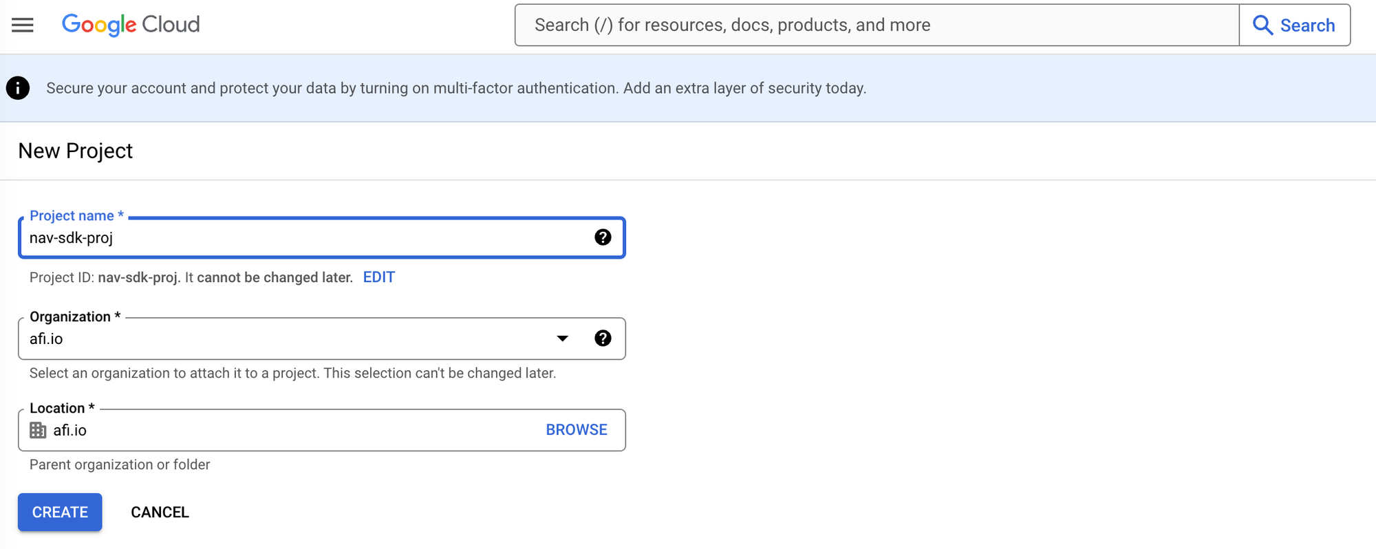 Creating a new project on the Google Cloud Console