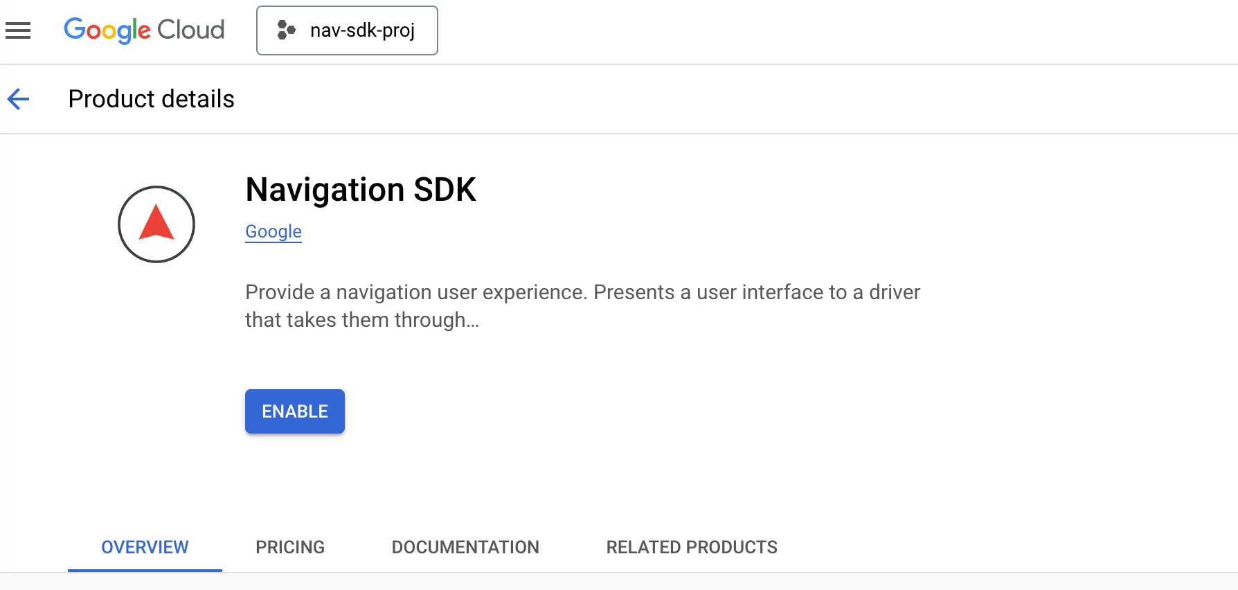 Enabling the Navigation SDK on the Google Cloud Console