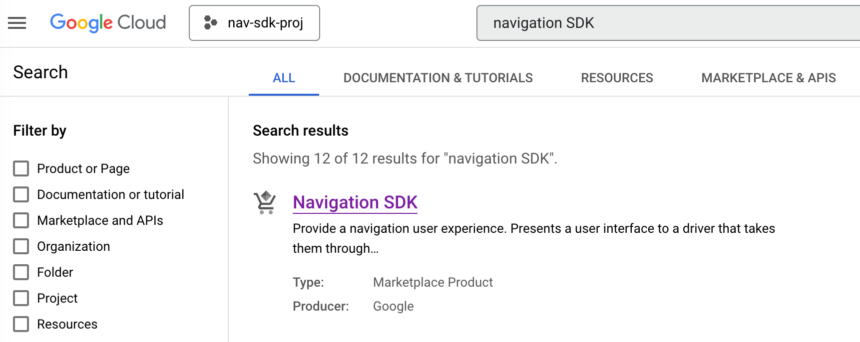 Selecting the Navigation SDK from the list of available APIs