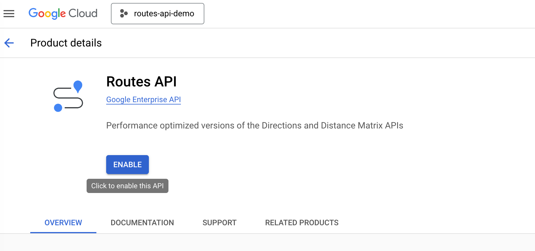 Enabling the Routes API on the Google Cloud Console