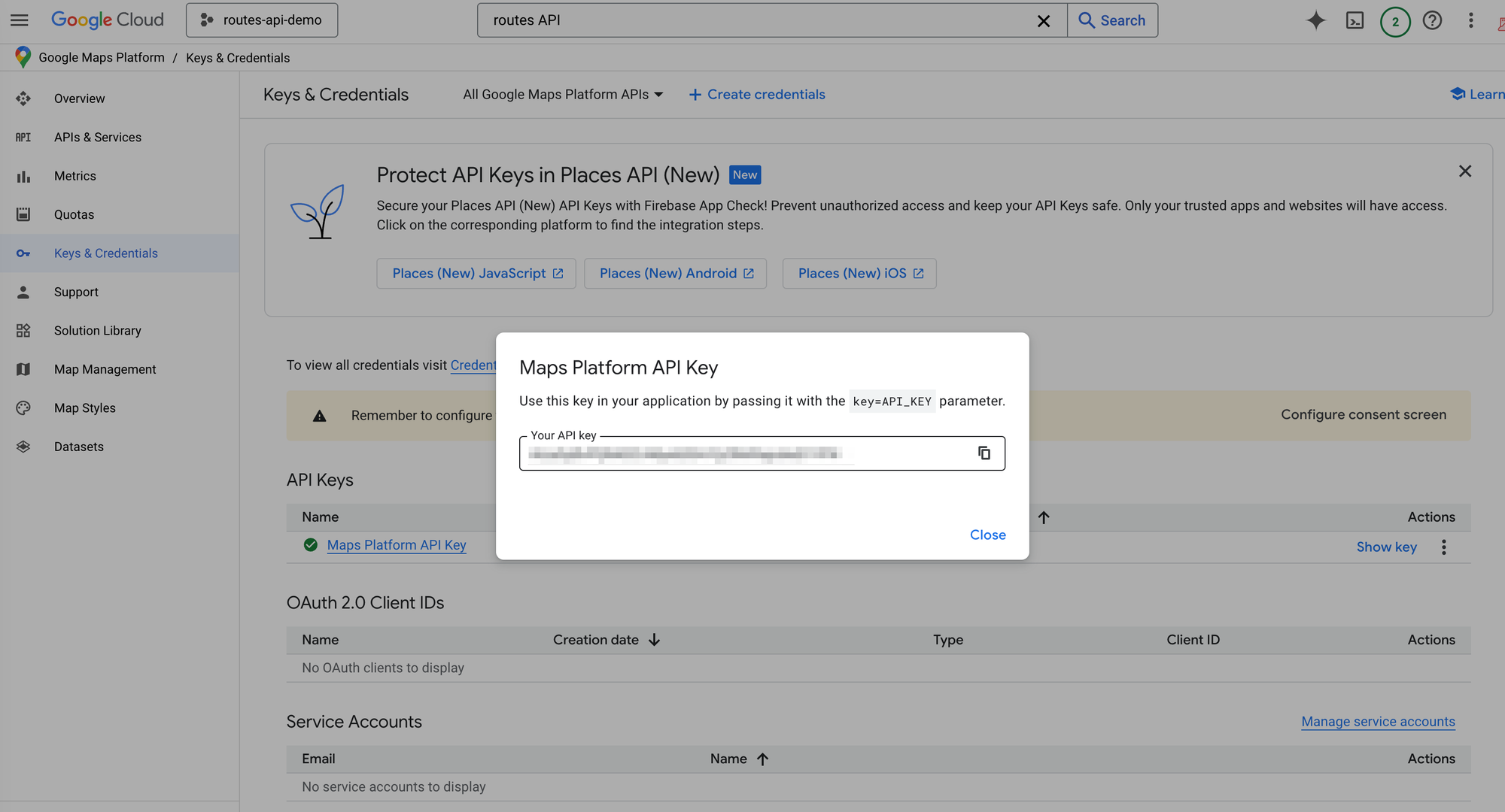 Retrieving your Routes API key on the Google Cloud Console
