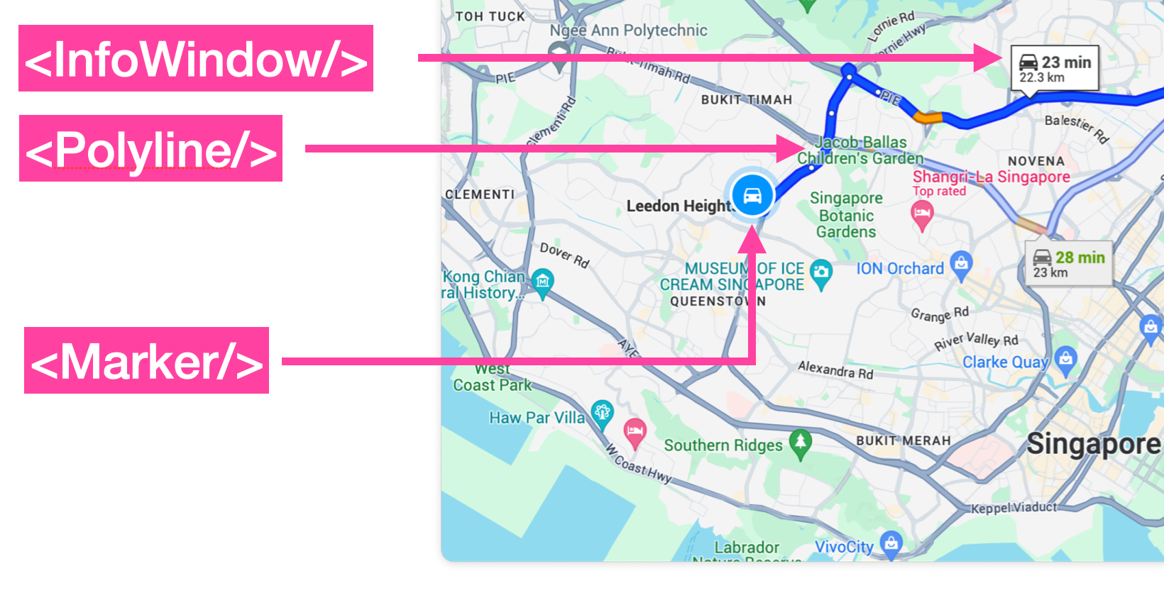 InfoWindow, Polyline and Marker components displayed on a Google Map