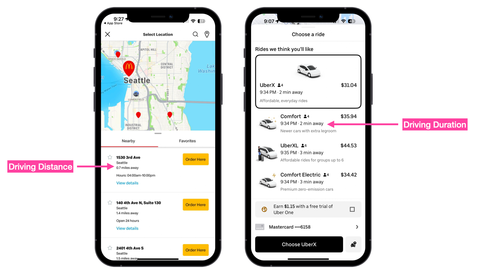 The MacDonalds's app (left) and the Uber app (right) both use a distance matrix API