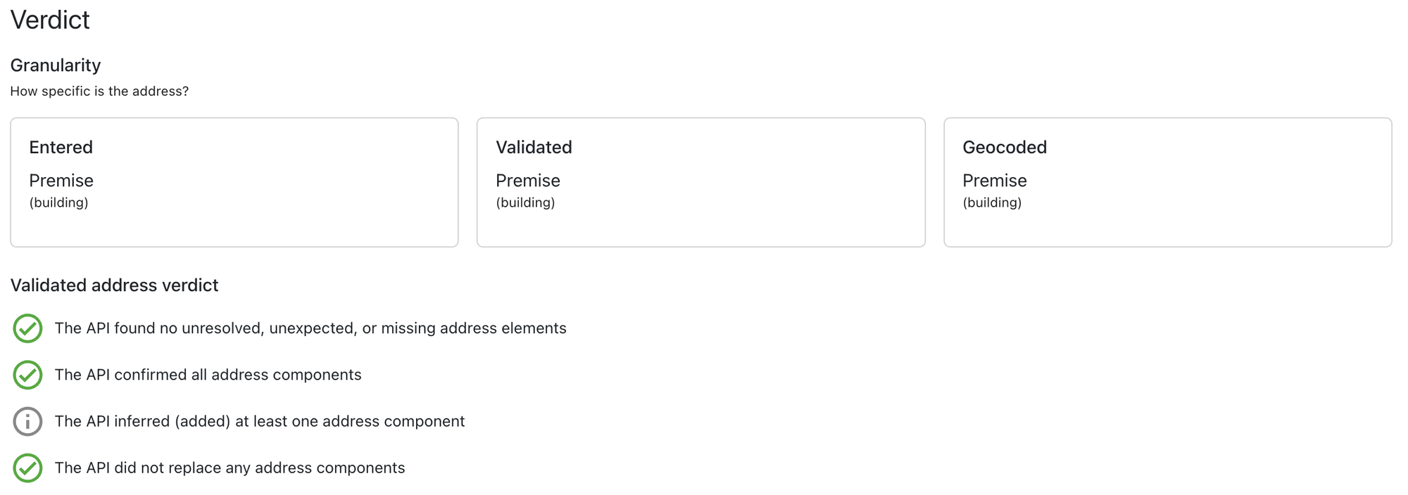 Address validation verdict