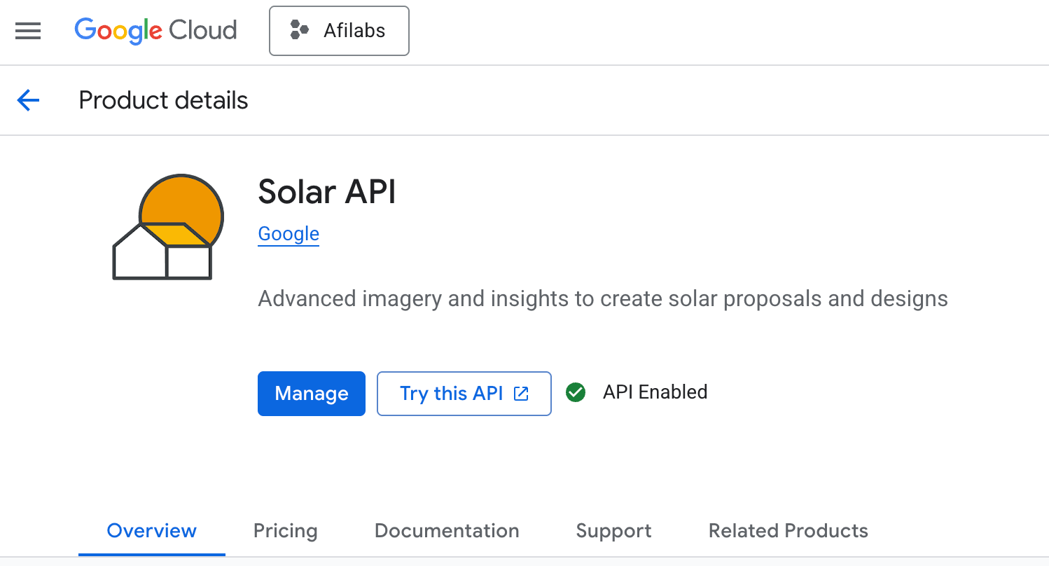 Google Solar API setup on the Google Cloud Console