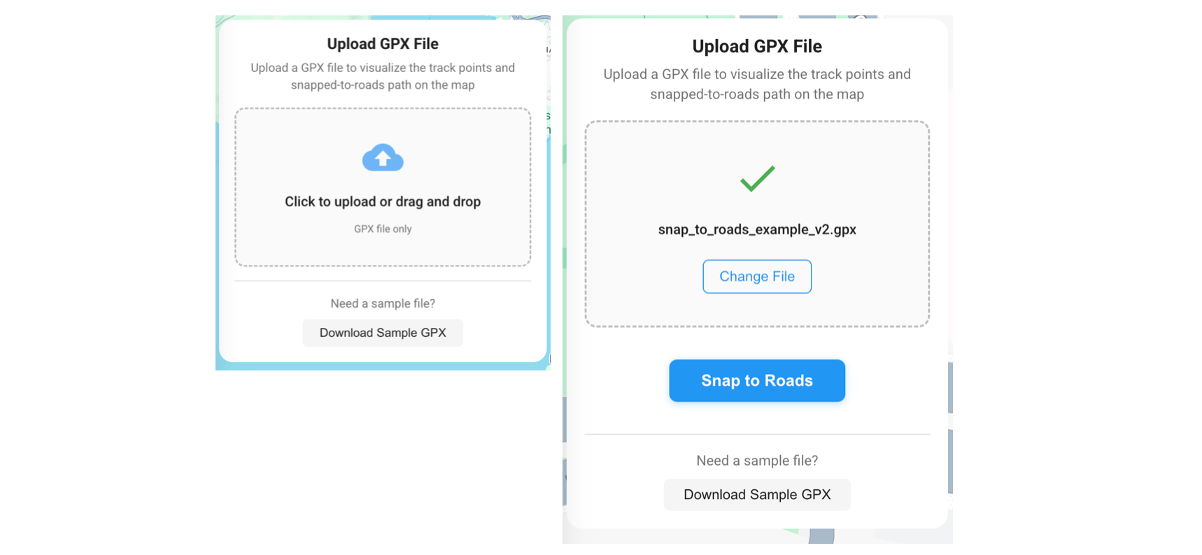 The upload UI for the Google Snap to Roads demo app