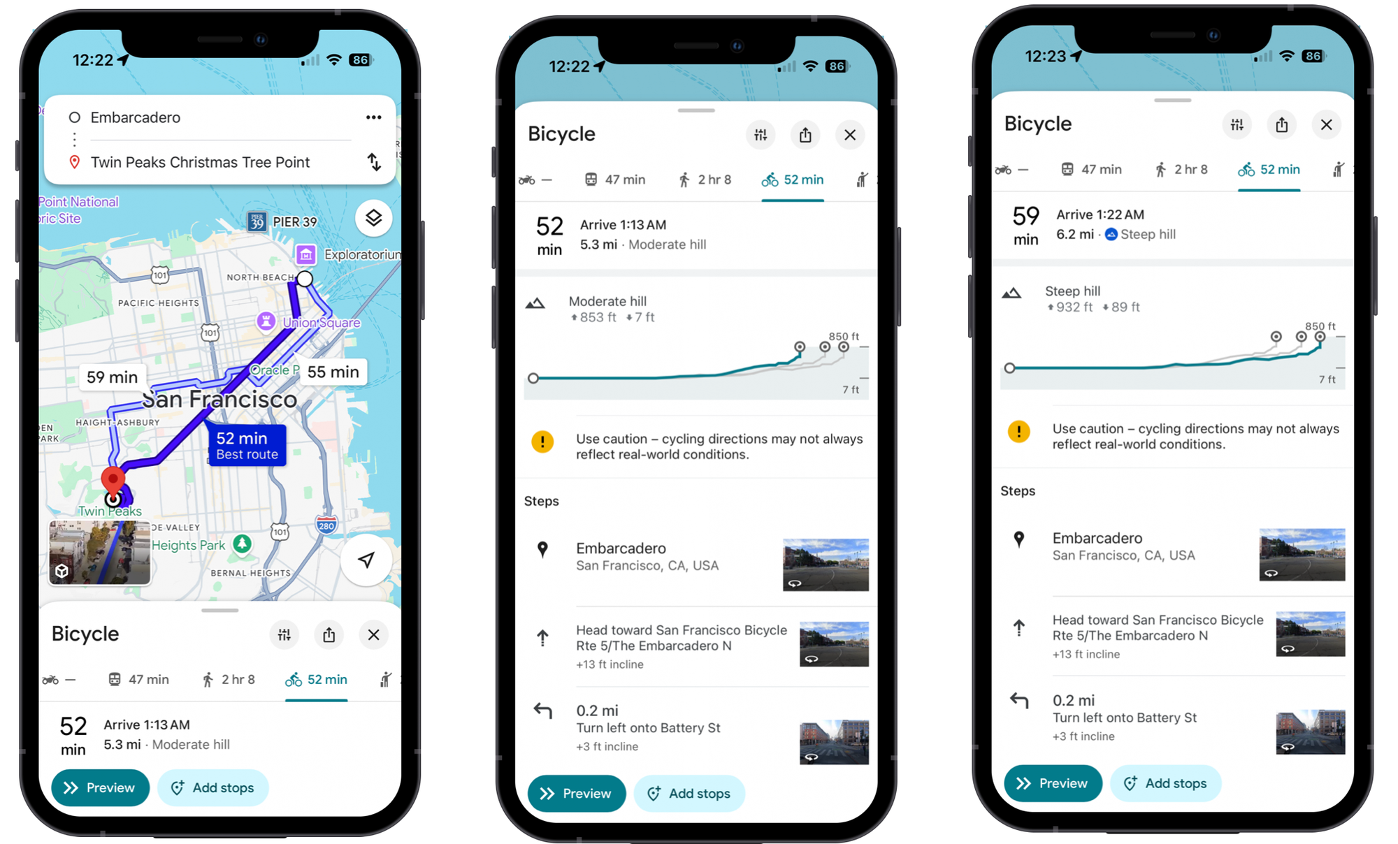 Elevation data shown on a bike route in Google Maps